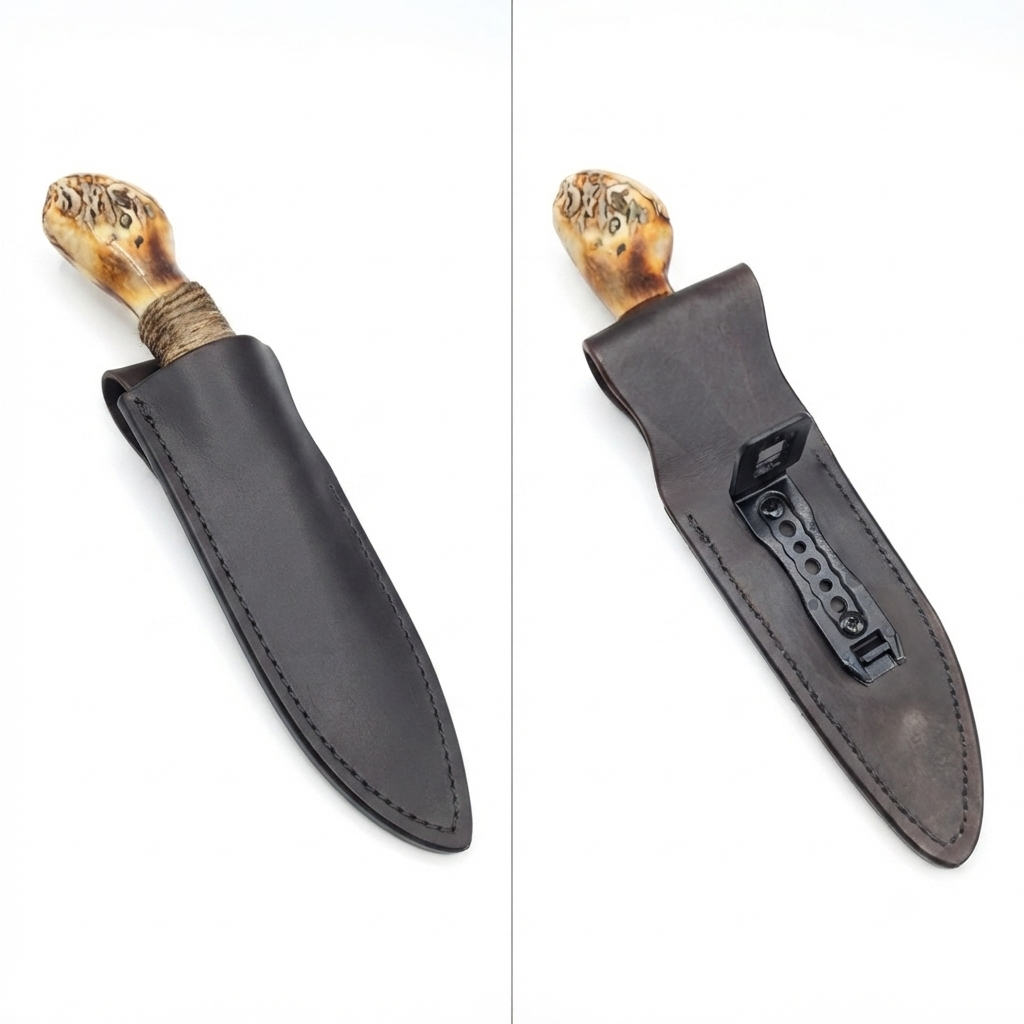 A hunting knife with a marble handle in a black leather sheath, shown from the front and back.