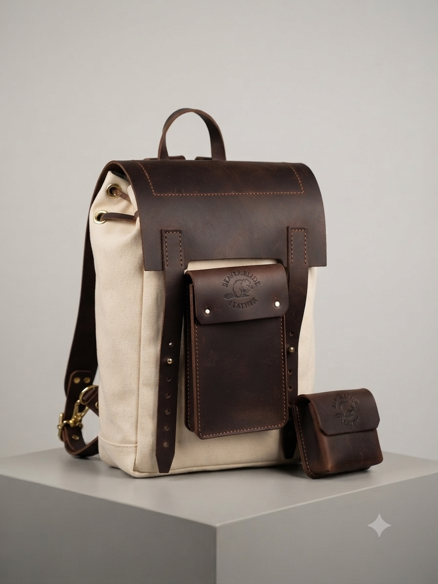 Beaver-Brand leather backpack with attached smaller wallet and flap pocket on beige fabric stand against plain light gray background.