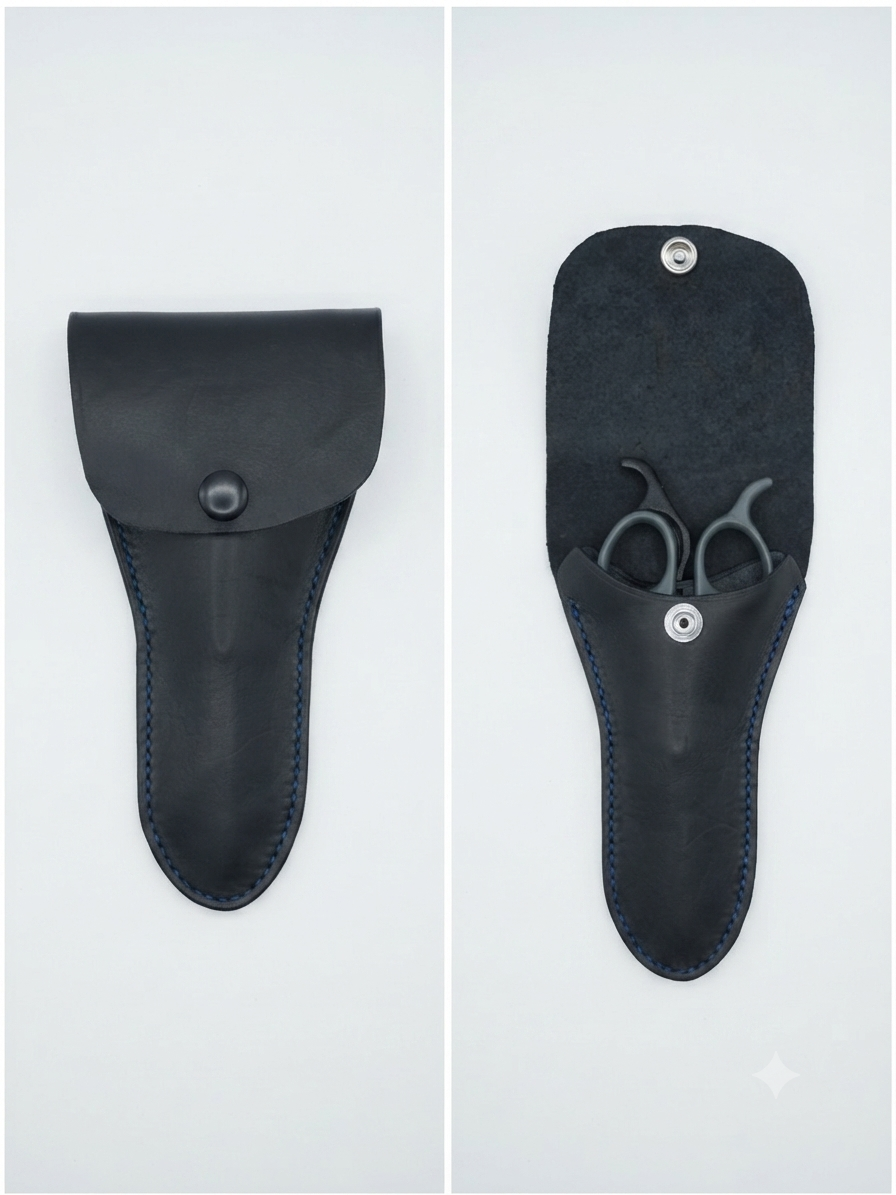 A black leather scissors case with a flap, shown empty on the left and with a pair of scissors inside on the right.