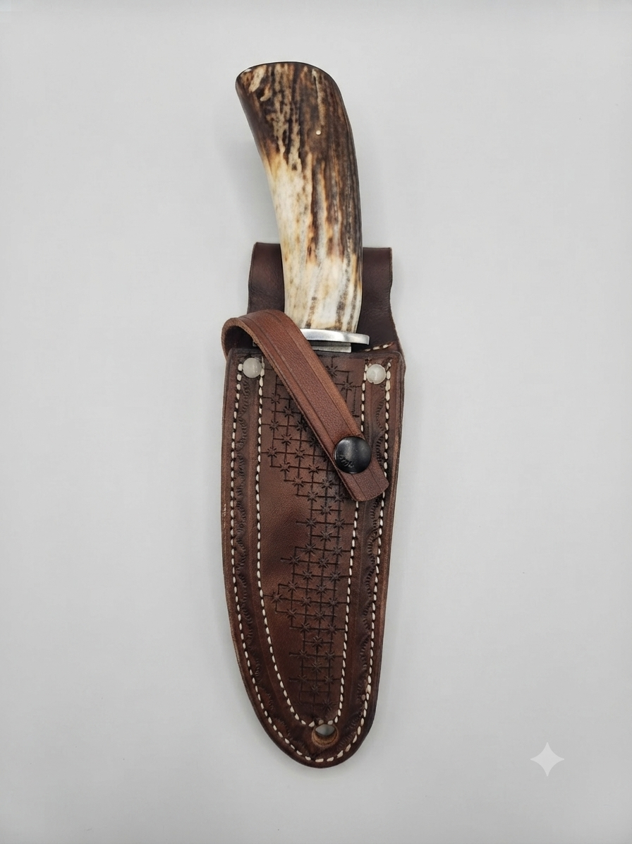 Hunting knife with a curved brown handle in a leather sheath