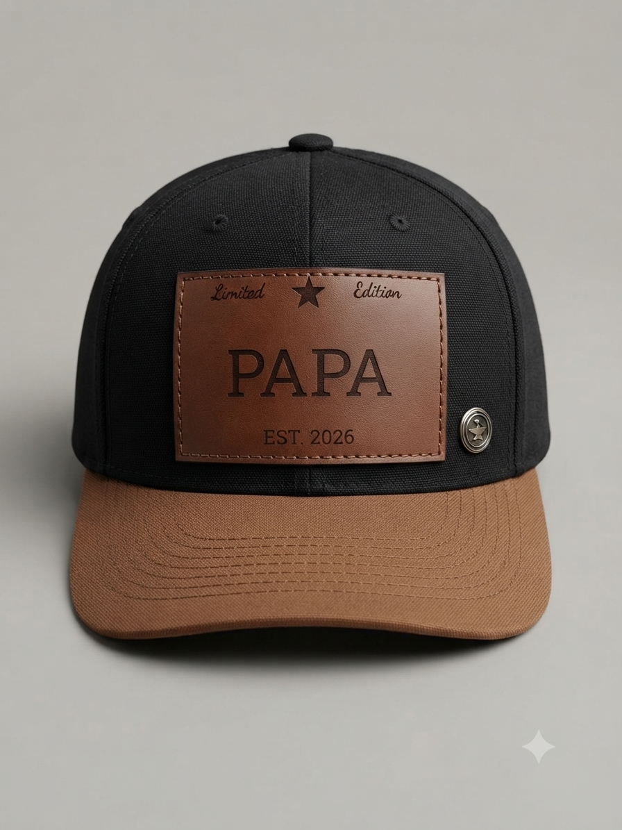 Black and brown baseball cap with a leather patch that says 'Limited Edition PAPA EST. 2026' and a metal badge on the side.
