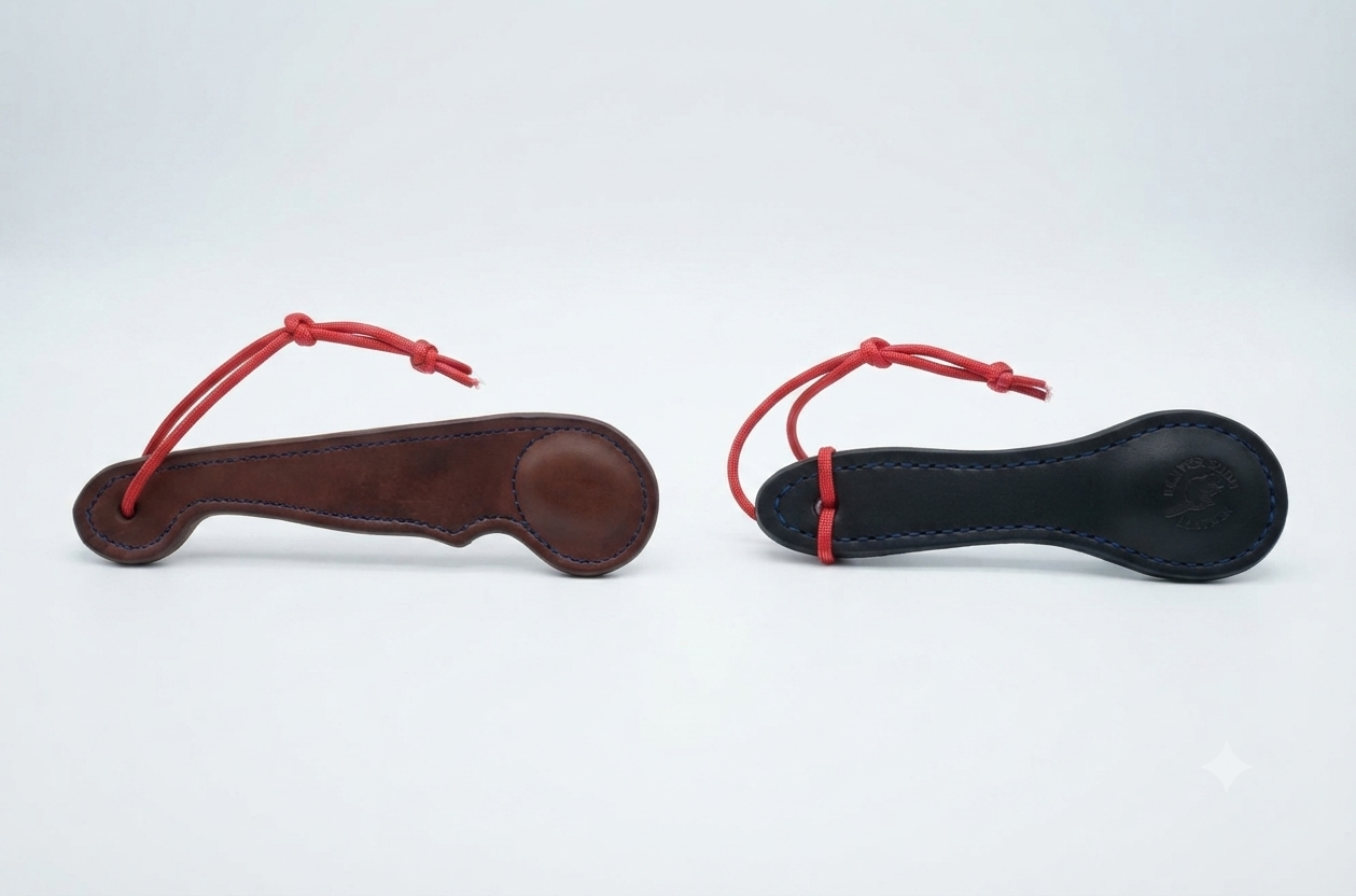 Two leather paddle-shaped objects, one brown and one black, with red cords attached for holding.