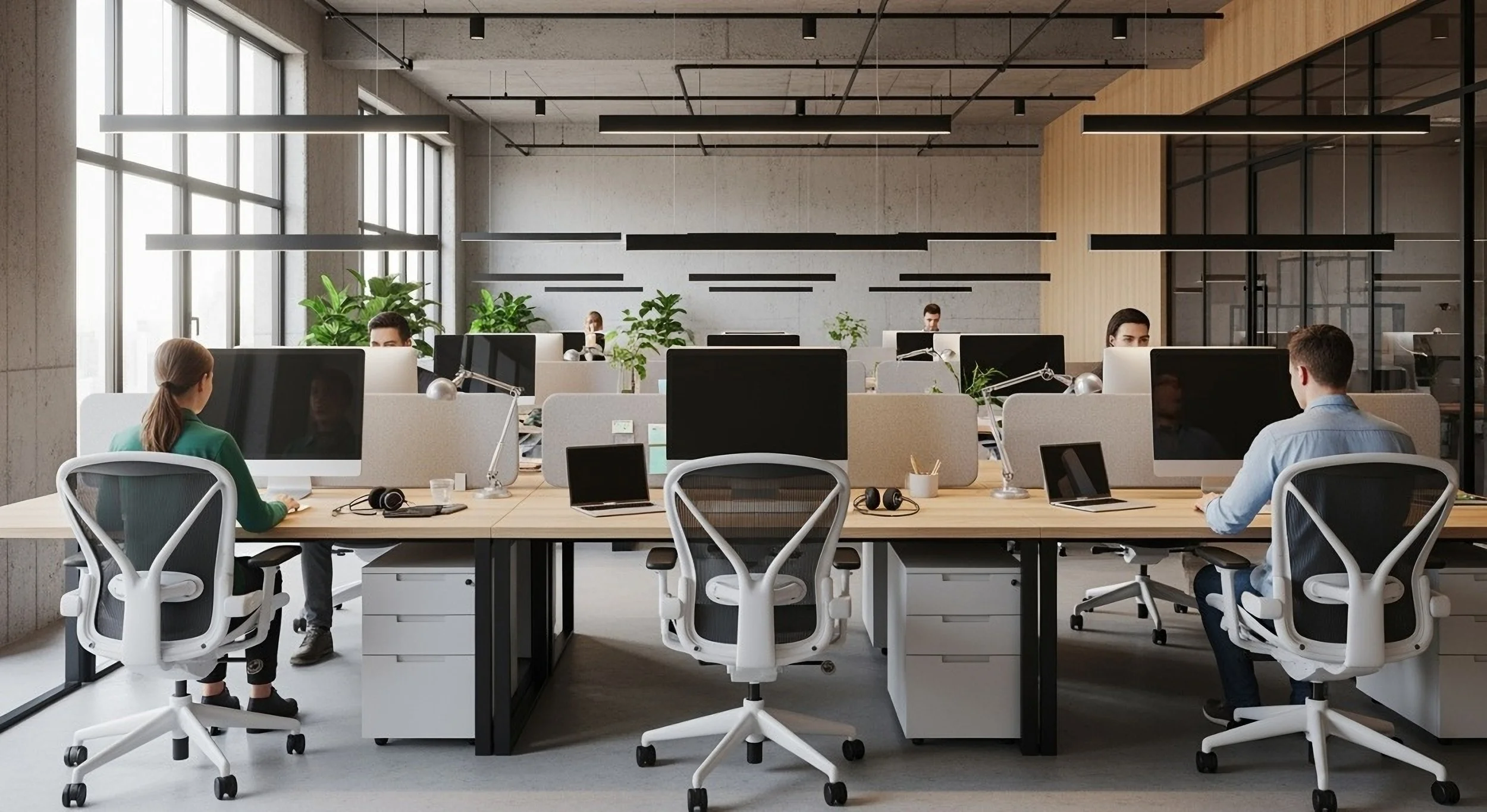 Open-plan modern office with multiple employees working at desks, large windows, and indoor plants.