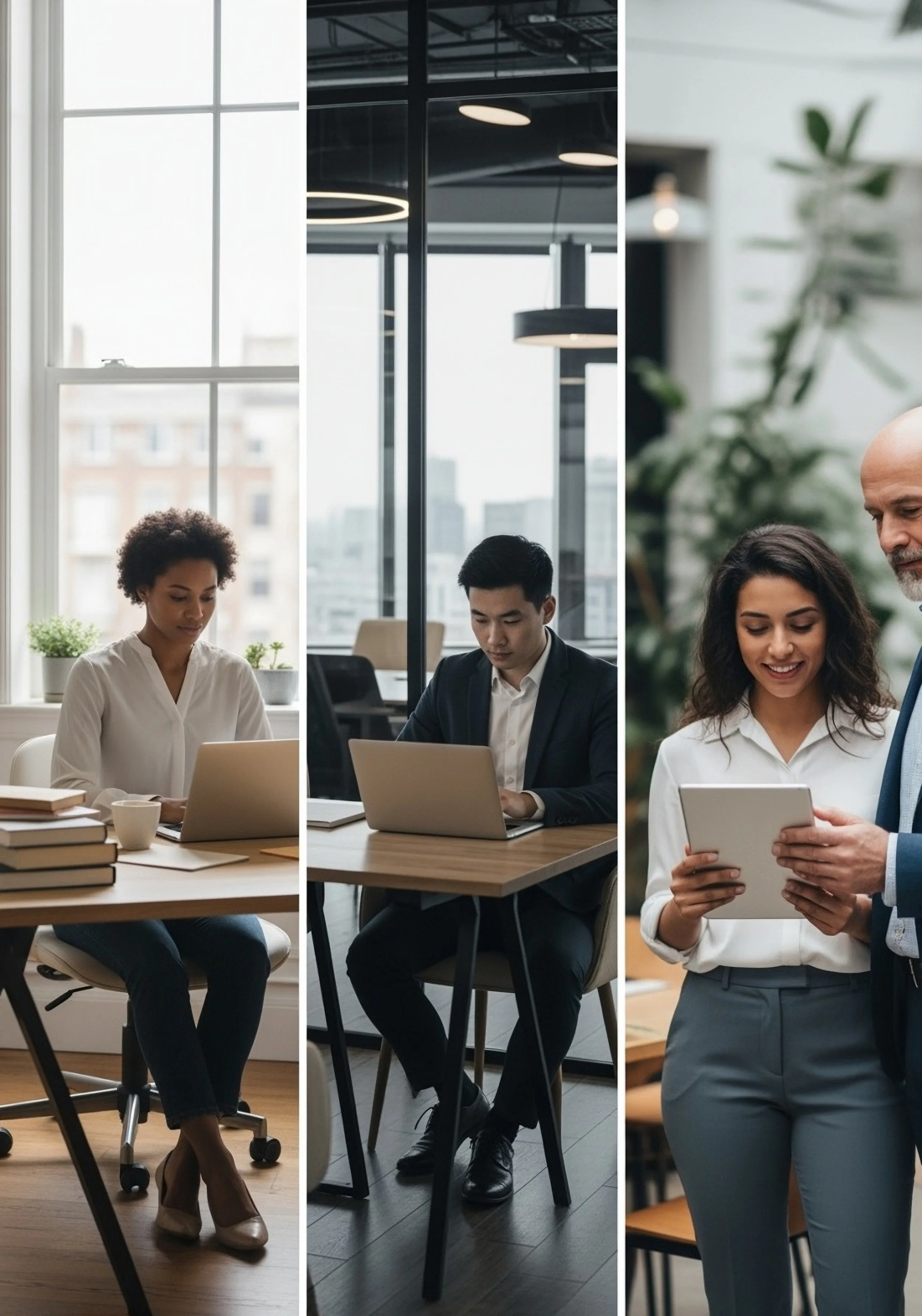 Three separate scenes with people working or discussing using digital devices. The first scene features a woman in a white shirt working on a laptop at a desk with books and a cup. The second scene shows a man in a black suit working on a laptop in a modern office with large windows. The third scene depicts a woman in business attire showing something on a tablet to a man, both smiling, with greenery in the background.