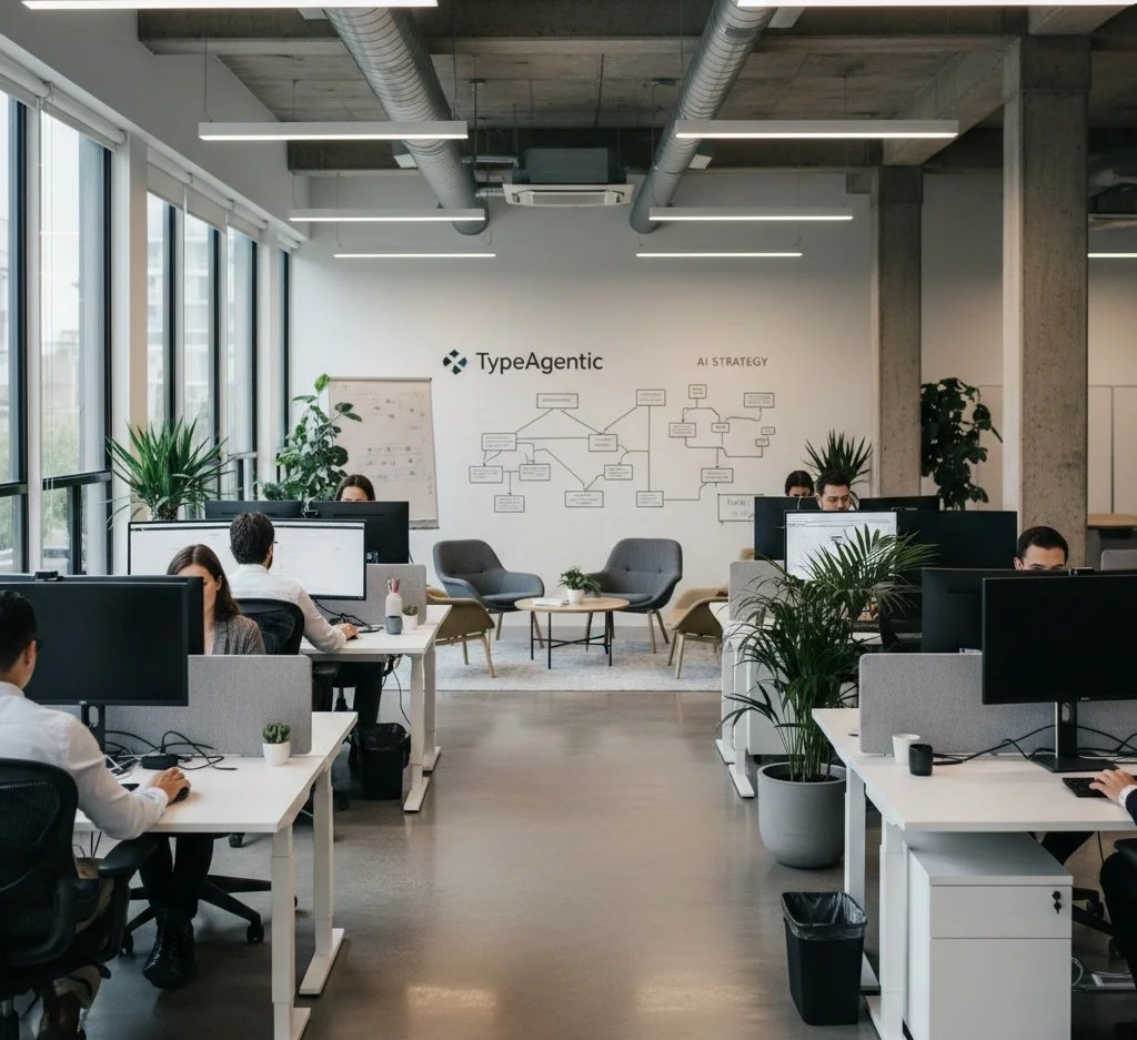 Modern office workspace with employees working at desks, large windows on the left, potted plants, and a wall with the logo 'TypeAgentic' and a diagram titled 'AI Strategy'.