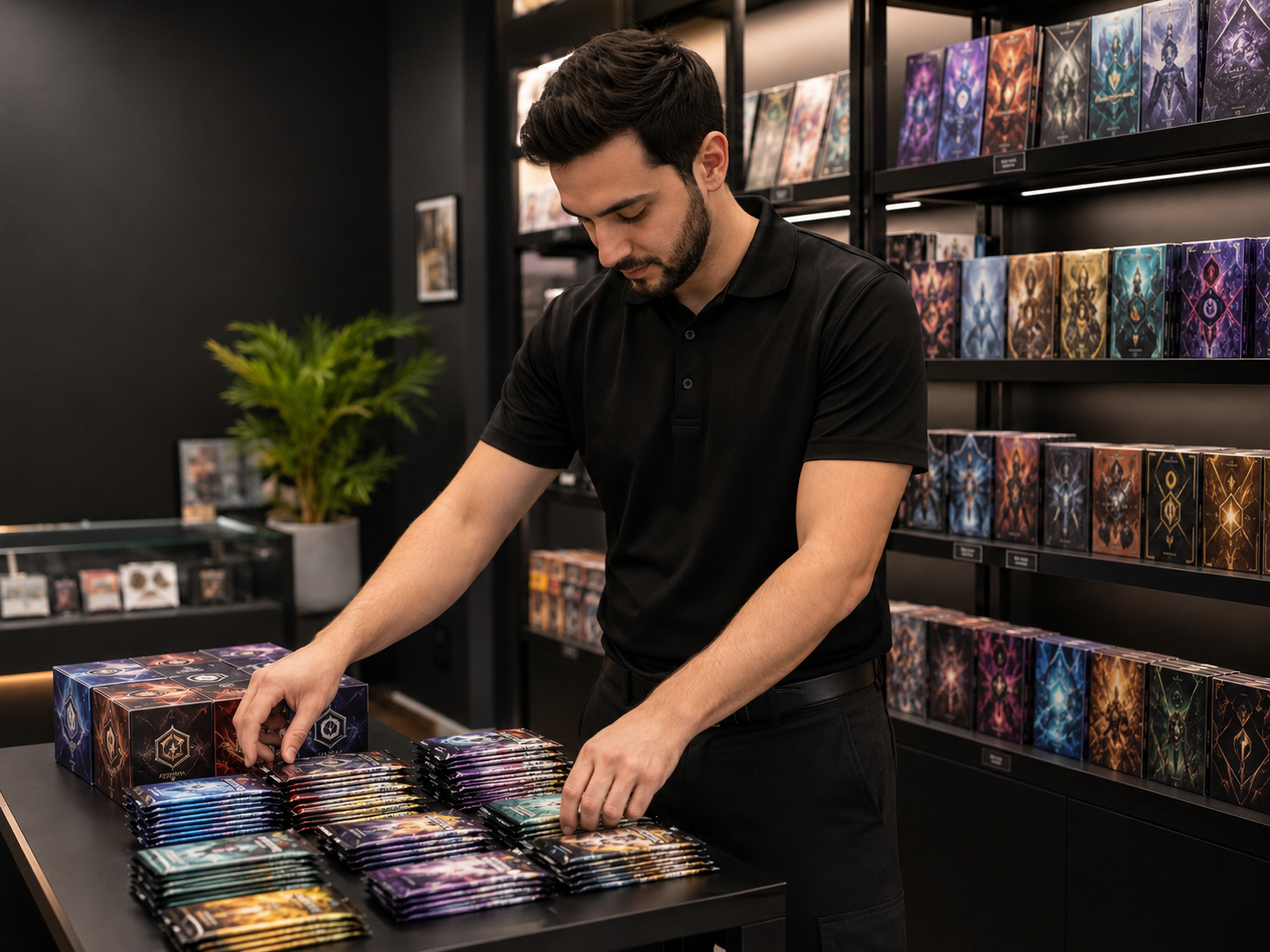 A man with dark hair and beard, wearing a black polo shirt, is organizing collectible card game booster packs on a table in a game store. Shelves in the background display various booster boxes with colorful, fantasy-themed artwork.
