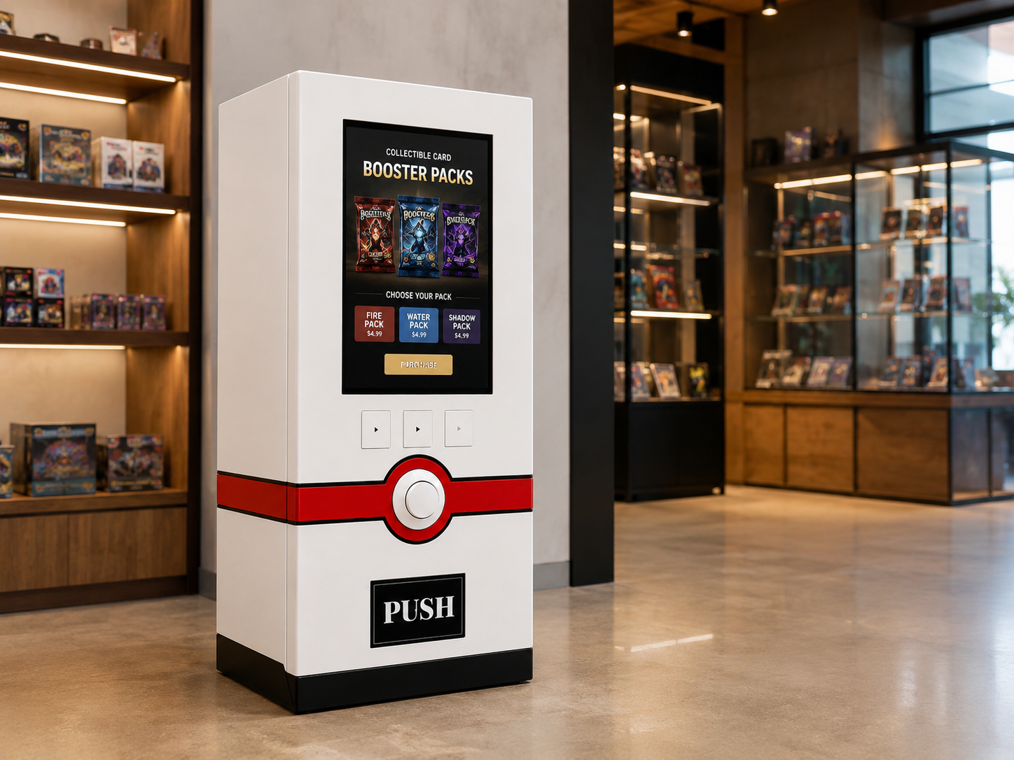 A vending machine designed like a Pokémon Poké Ball, offering booster packs for sale with options for Fire, Water, and Shadow packs, located in a store with glass display cases and wooden shelves.