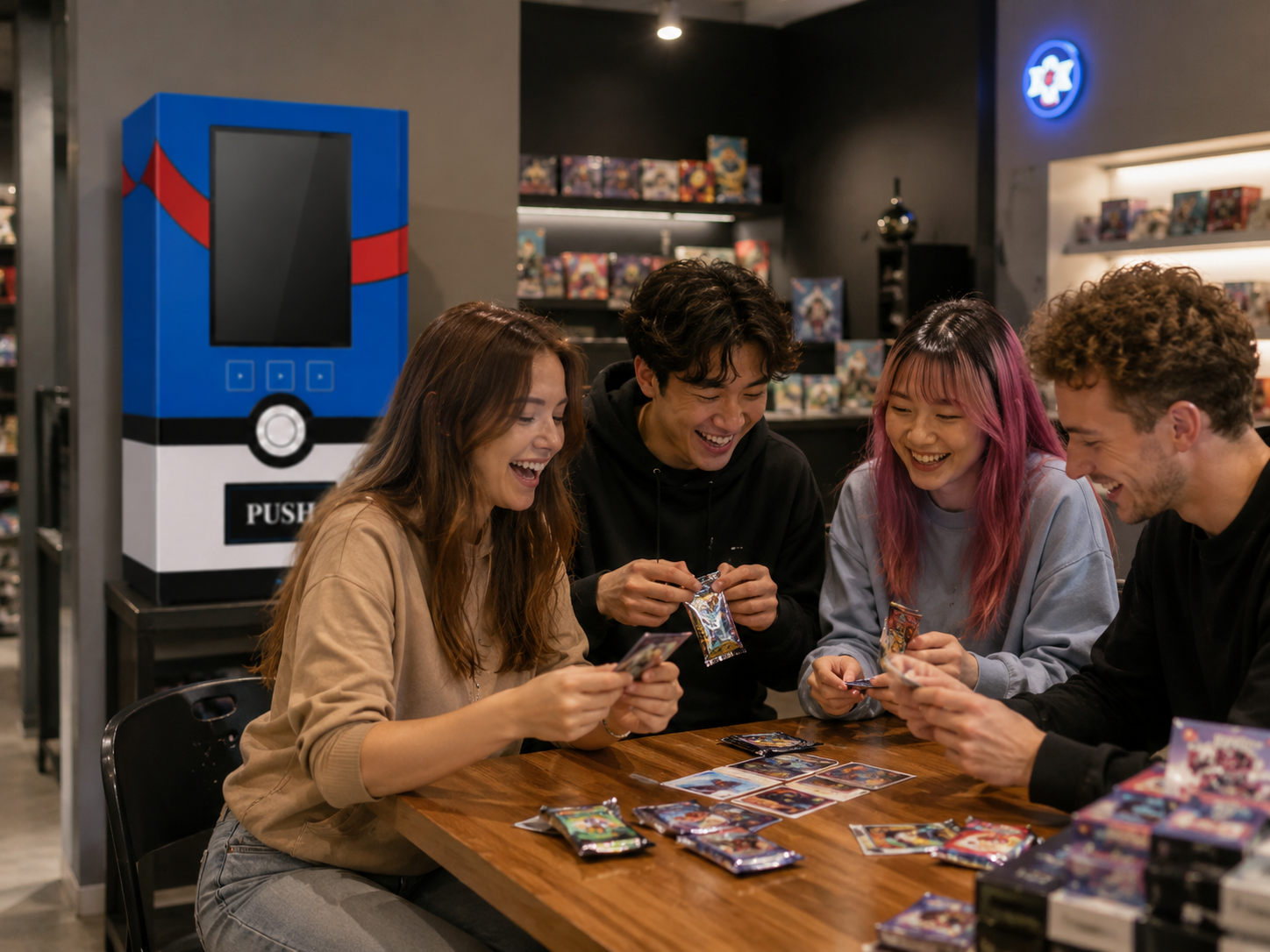 A group of four young friends playing a trading card game at a wooden table in a store, smiling and laughing, surrounded by booster packs and cards, with shelves of products in the background.