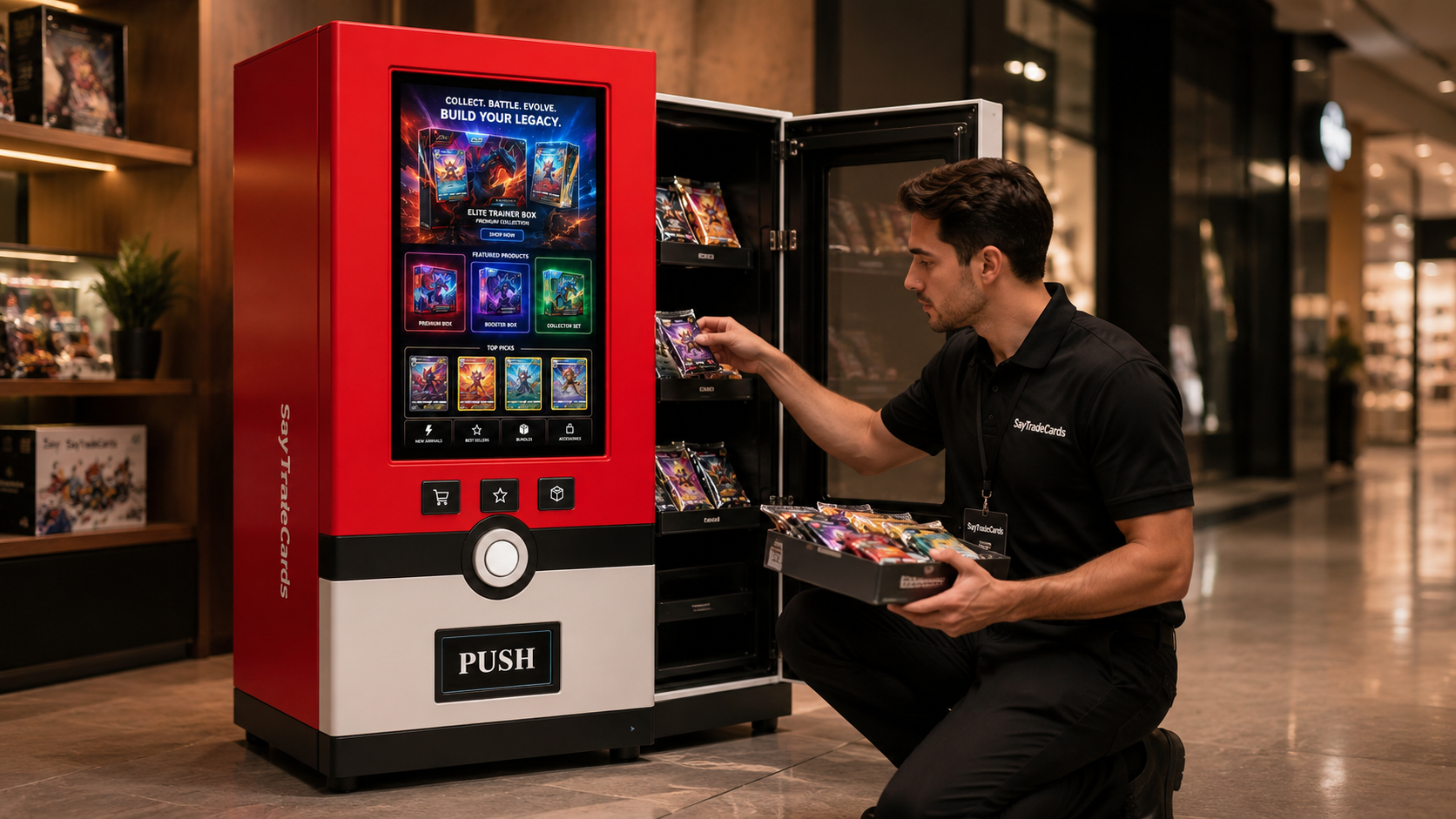 A man kneeling in front of a vending machine that sells trading cards in a shopping mall, with shelves on his left and bright lighting.