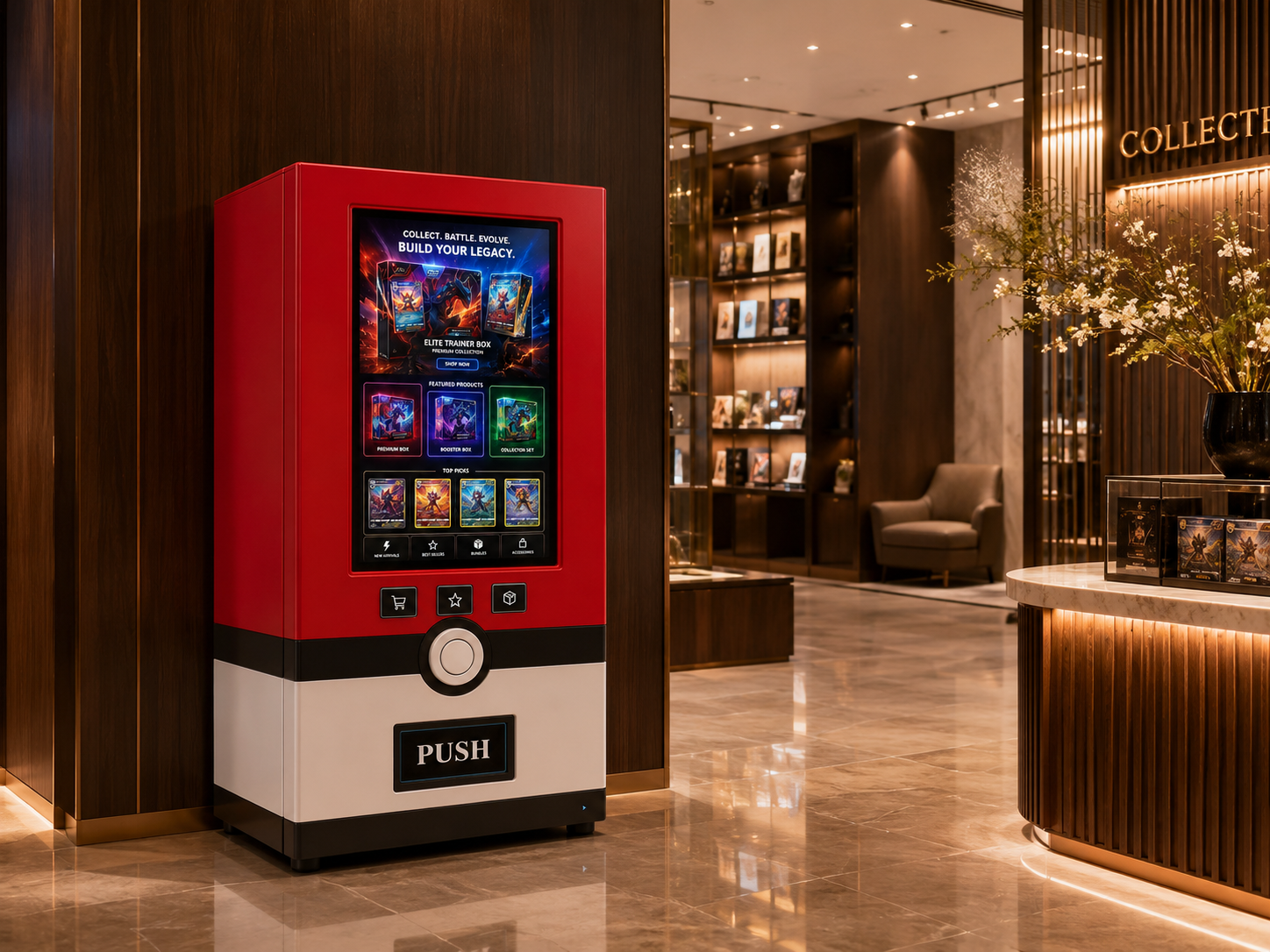 A digital vending machine for trading cards inside a modern, warmly lit lounge area with wooden and marble decor, a seating area, and shelves with books and decorative items.