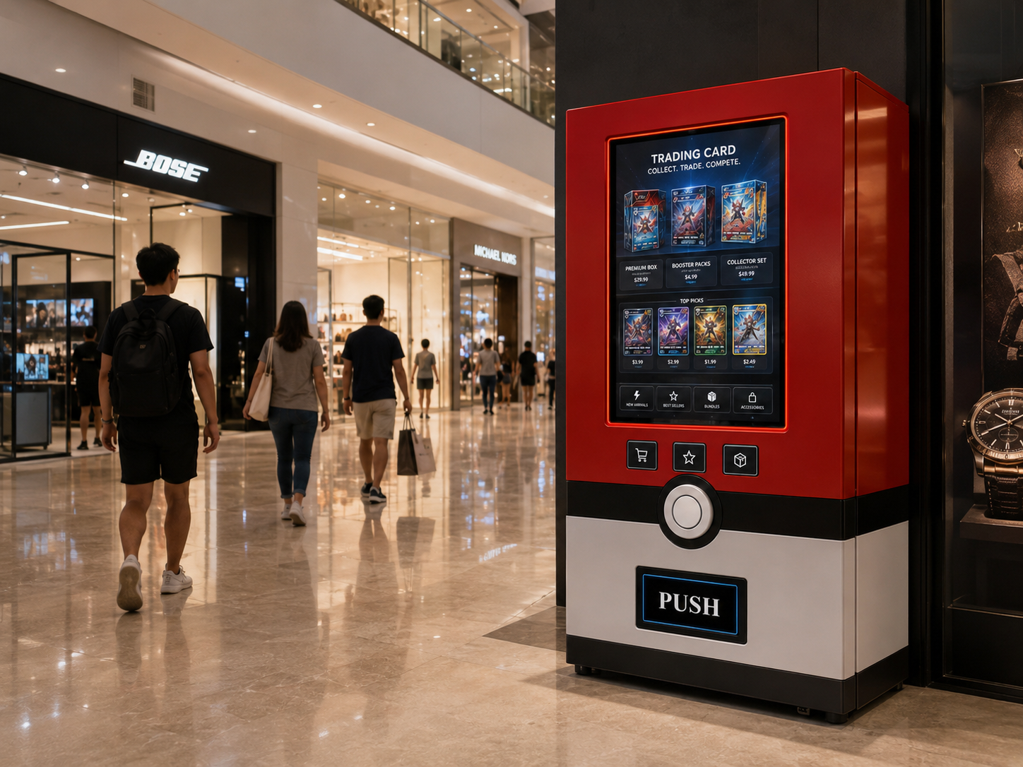 Shopping mall interior with a digital vending machine for trading cards on the right, and people walking past stores including Bose and Michael Kors on the left.