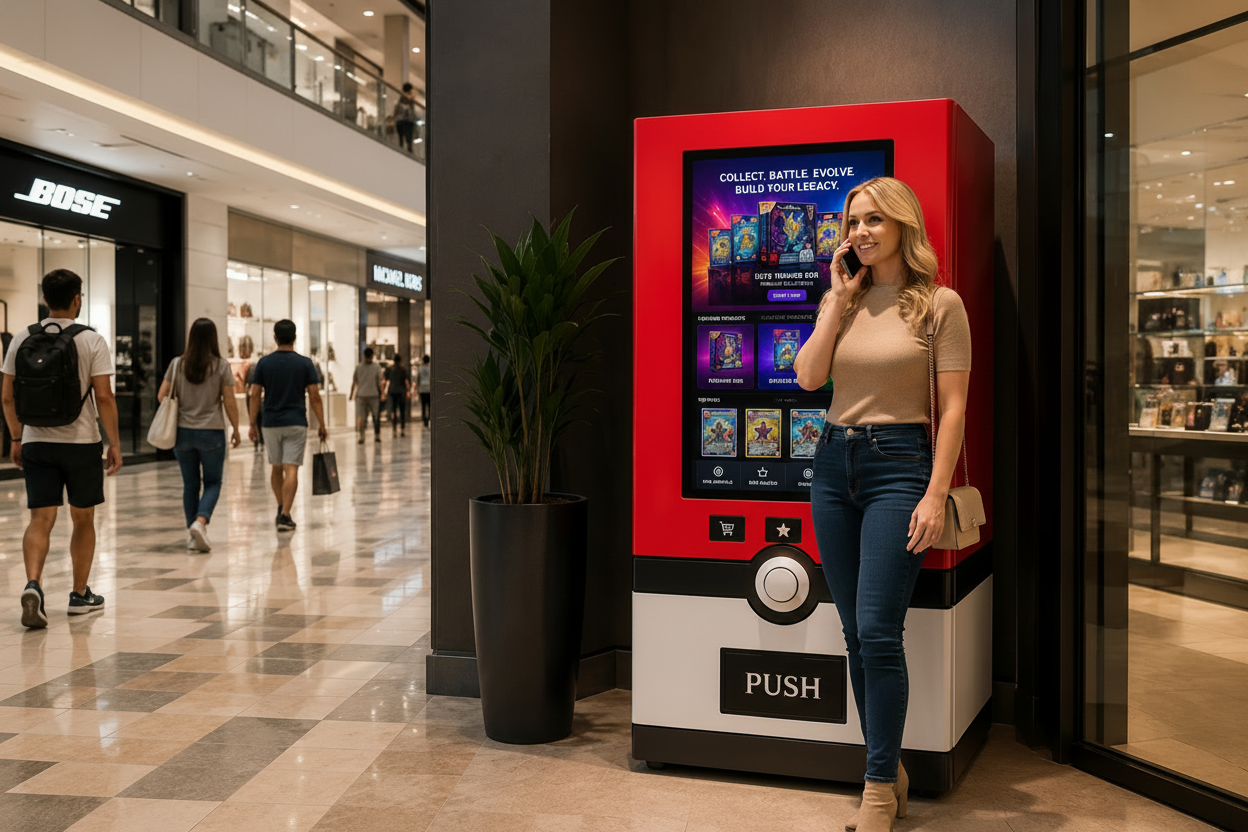 A woman with long blonde hair talking on her cell phone while standing next to a vending machine that resembles a Pokéball inside a shopping mall.