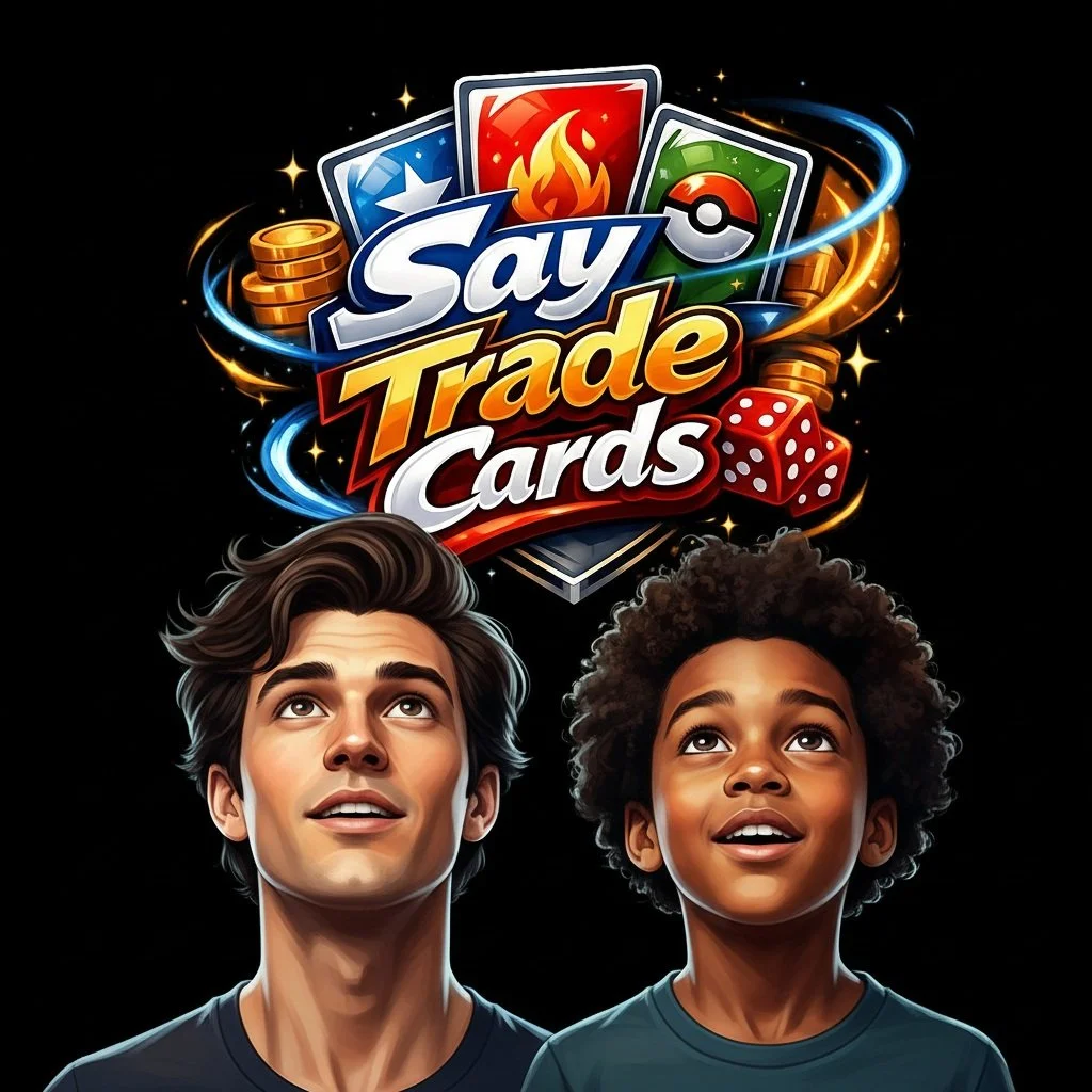 Illustration of two children looking up at the title 'Say Trade Cards' with colorful gaming cards, coins, dice, and a Pokéball around the text, on a black background.