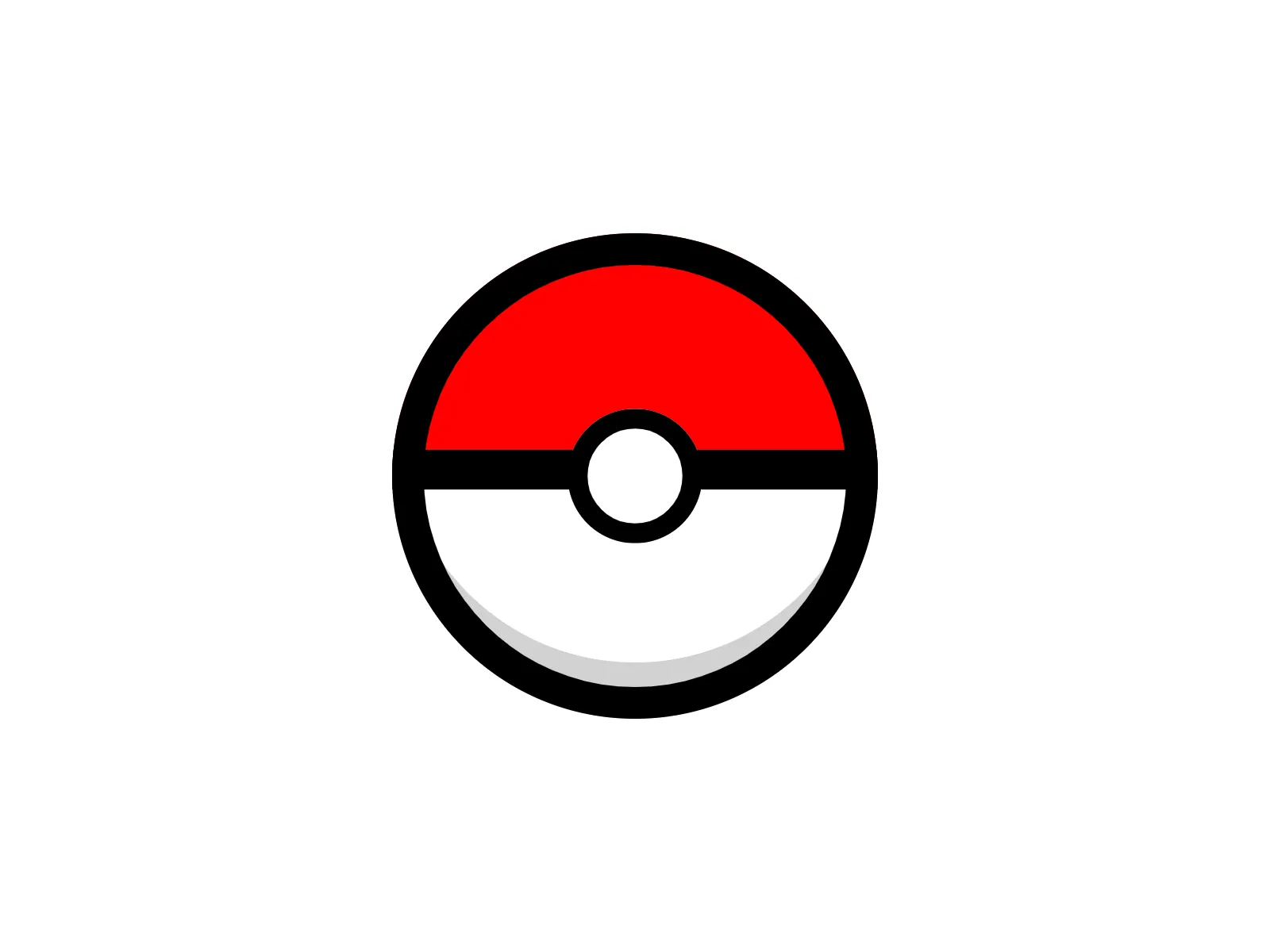 A Poké Ball from the Pokémon franchise, with a black outline, red upper half, white lower half, and a black button in the center.