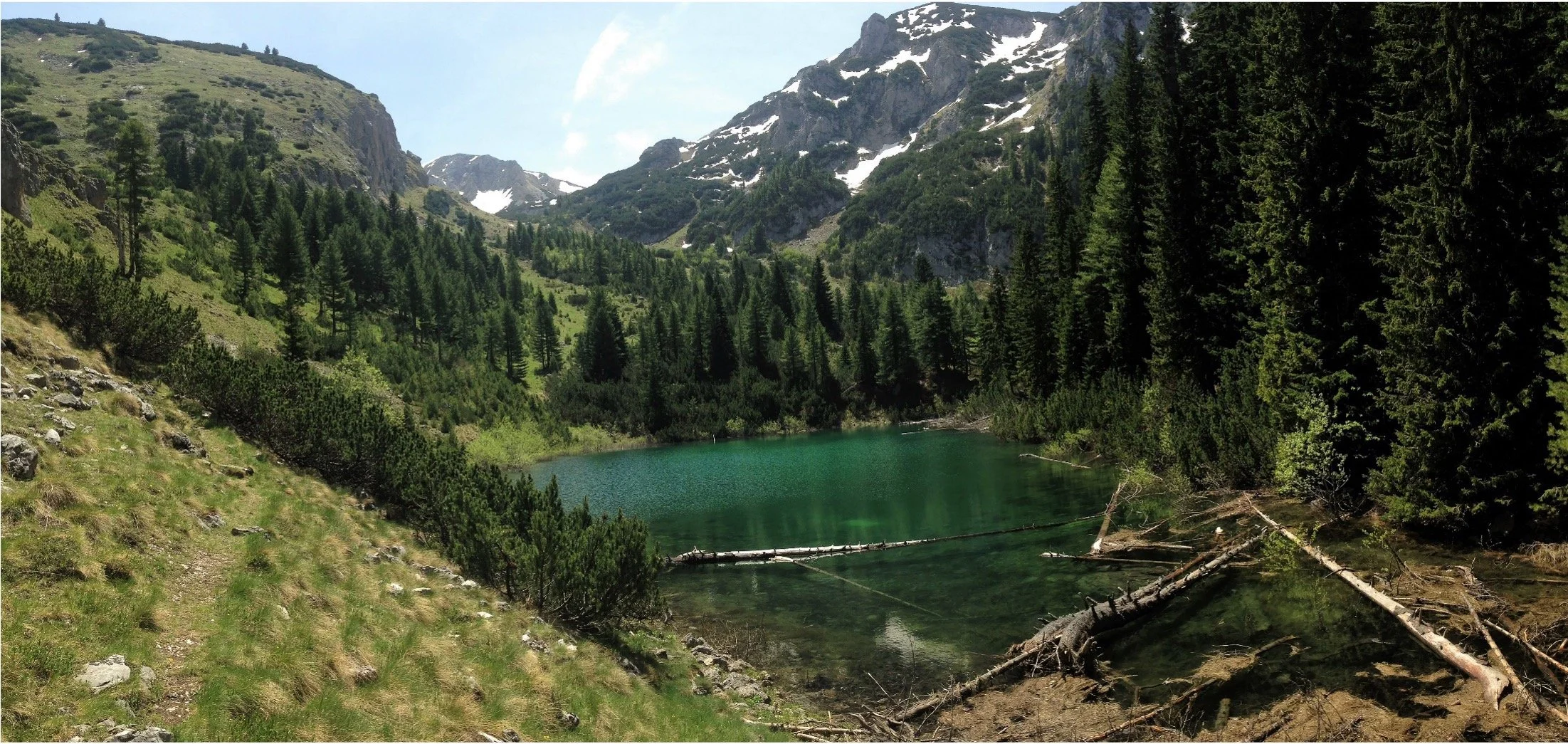 Scenic mountain landscape featuring a green lake, surrounded by evergreen trees and snow-capped peaks under a blue sky with some clouds.