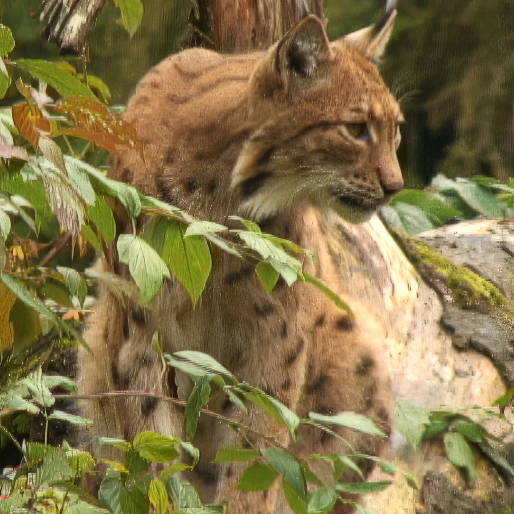 Balkan Lynx walking through the snow in a winter forest with mountain background