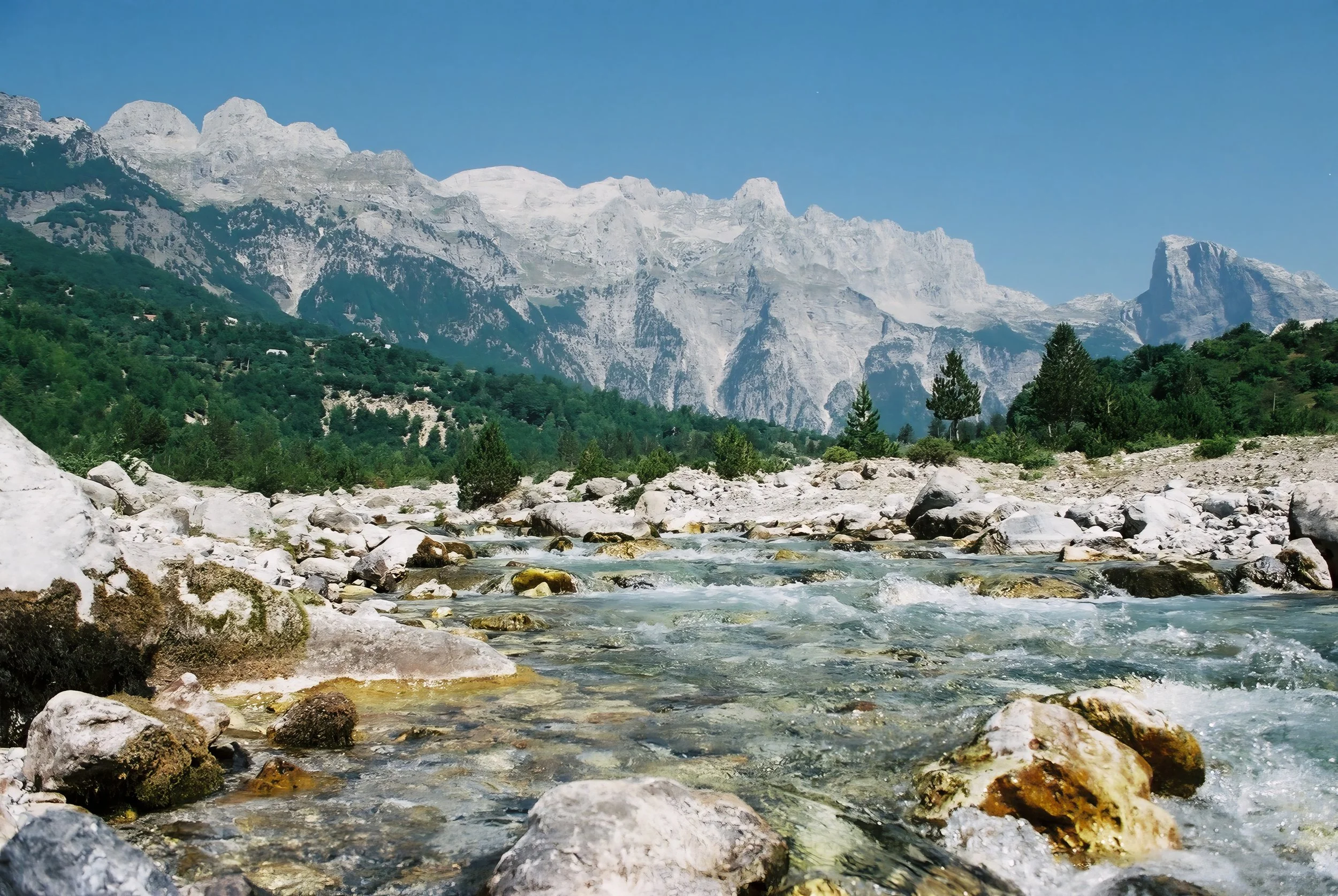 Stream flowing over rocks with green trees in front of snow-capped mountains under a clear blue sky.