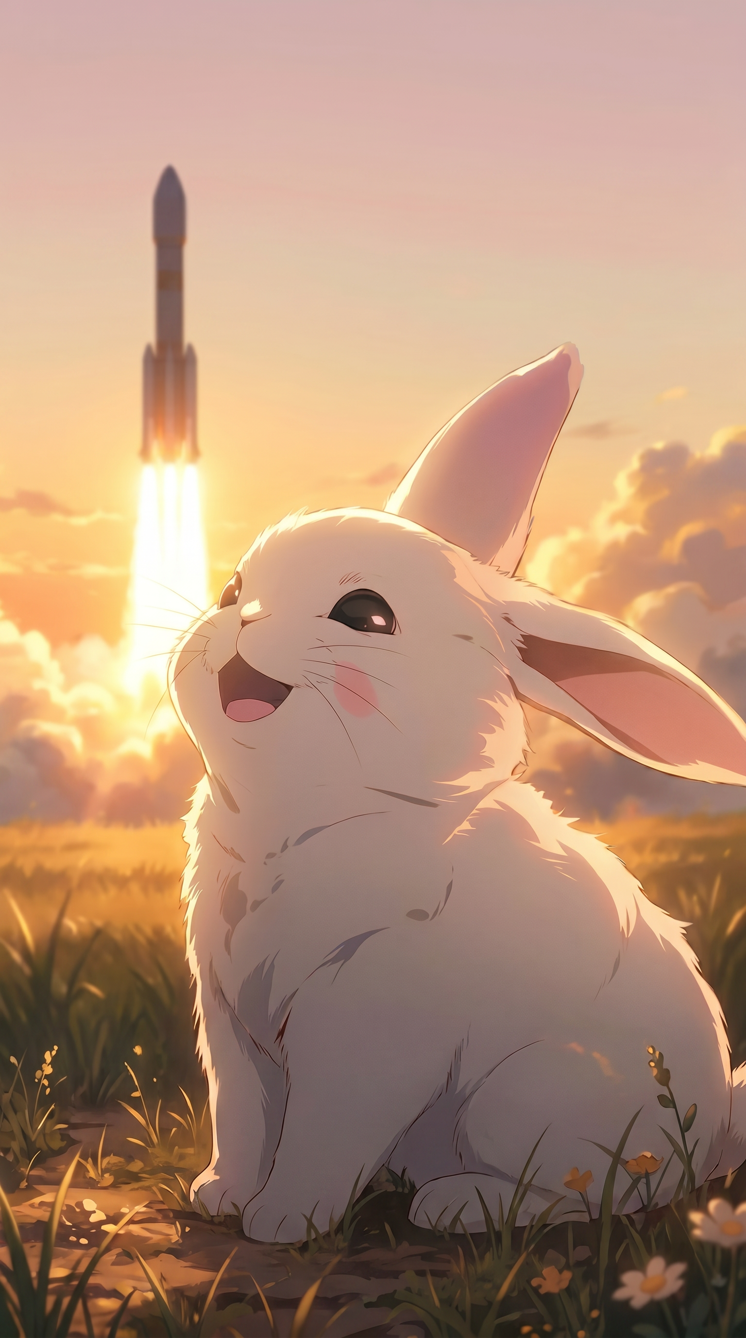 The Rocket Bunny Tech mascot watches a rocket on ascent.