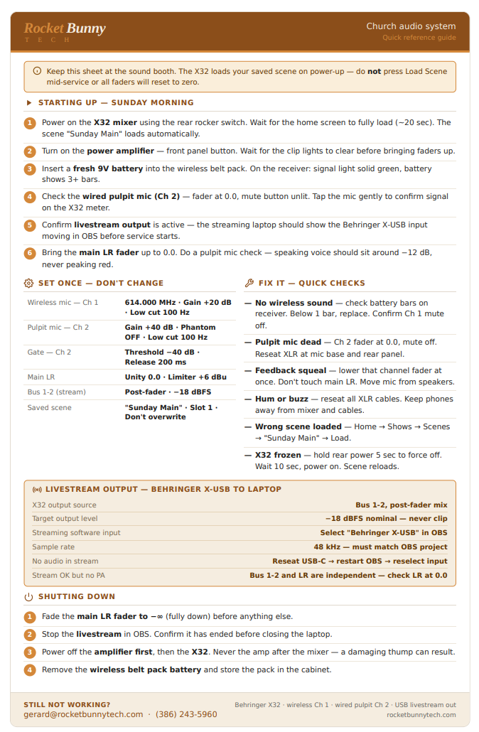 Rocket Bunny Tech church audio system quick reference guide with setup instructions for starting up, fixing, and shutting down the audio equipment.