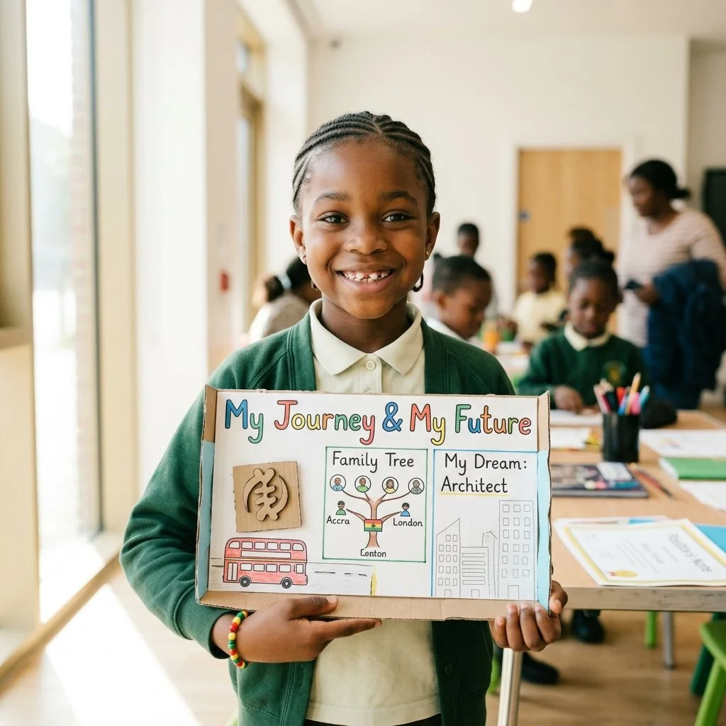 A young girl holding a colorful poster in a classroom. The poster reads 'My Journey & My Future' and includes drawings of a family tree, a bus, and a cityscape, with the girl's dream of becoming an architect.