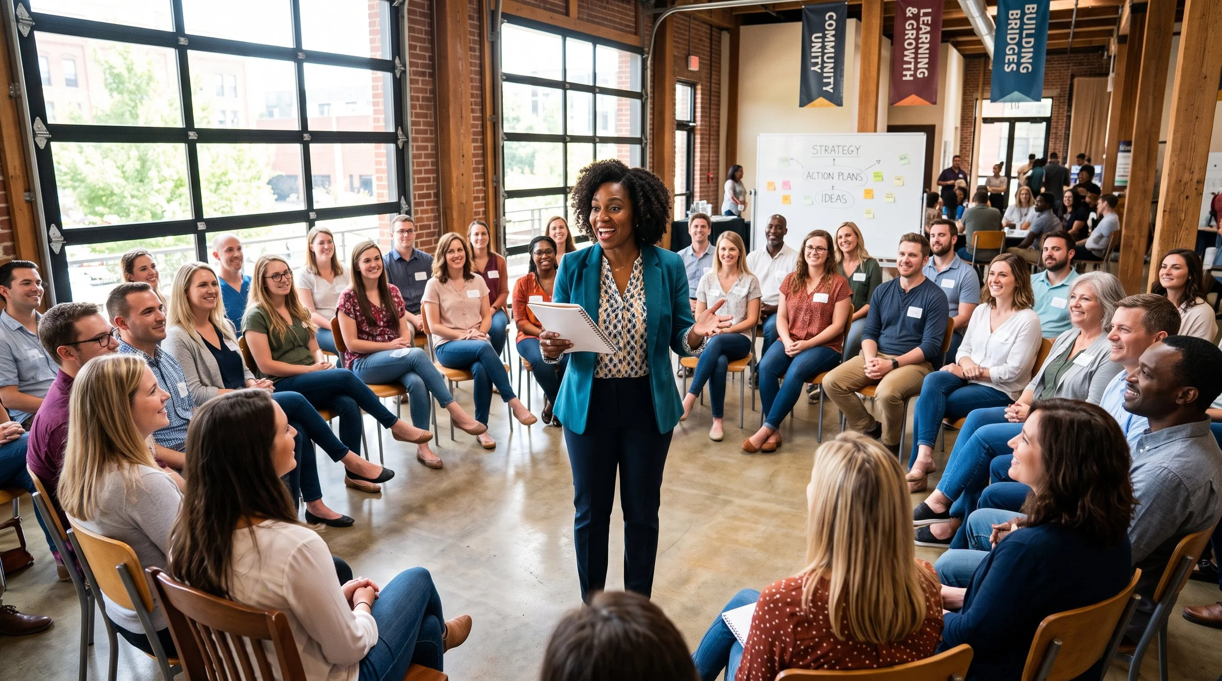 A diverse group of people seated on chairs in a bright, modern room with large windows, listening to a woman speaker who is standing and holding a notepad. There are banners hanging from the ceiling and a whiteboard with notes in the background.