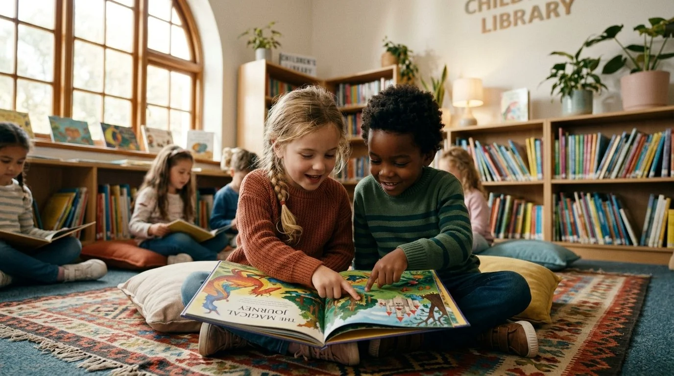 Children sitting on the carpet in a library reading books, with two children in the foreground looking at a colorful storybook together.