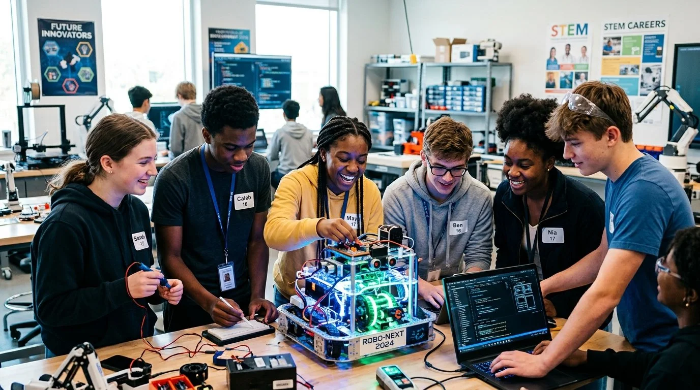 A diverse group of students working on a robotics project in a classroom, with a robot labeled 'ROBO-NEXT 2024' at the center of the table, surrounded by laptops and electronic equipment.