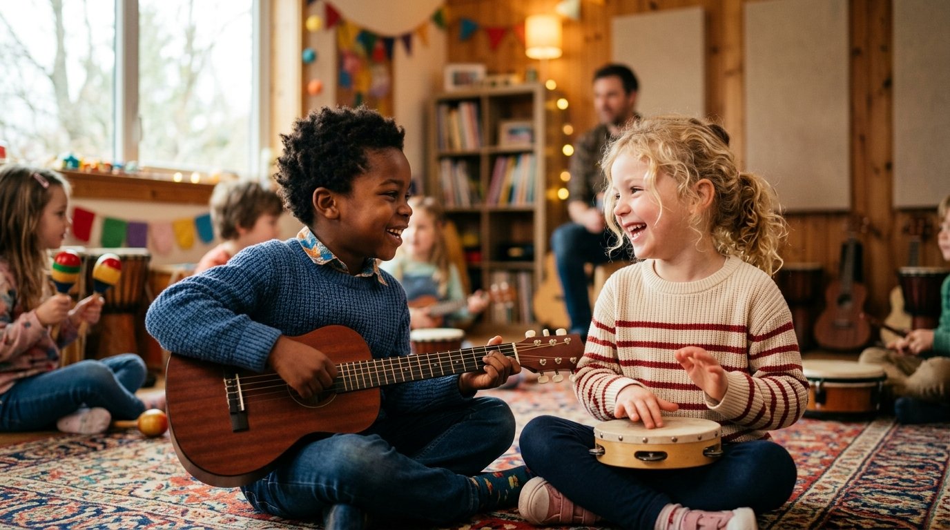 Two young children, a boy and a girl, sitting on the floor of a classroom, playing musical instruments and smiling at each other. Other children are in the background, also playing instruments and engaging with each other.