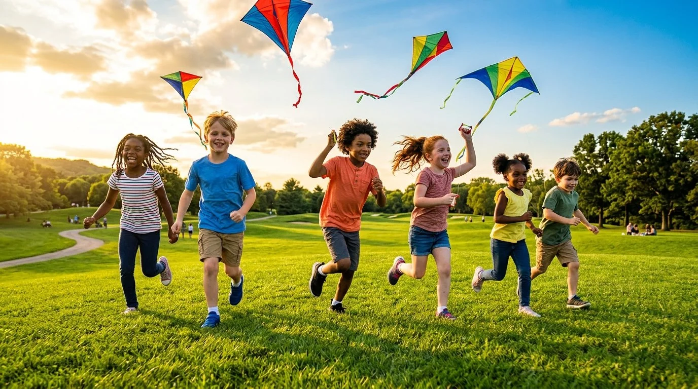 Group of children running in a park during a kite-flying day, with colorful kites in the sky and green trees in the background.