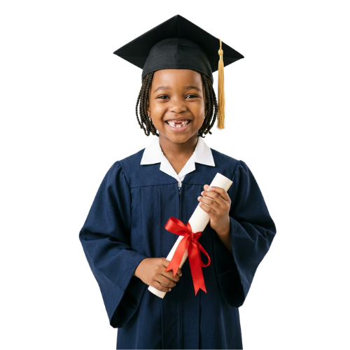 Young girl in graduation cap and gown holding a diploma with a red ribbon, smiling.