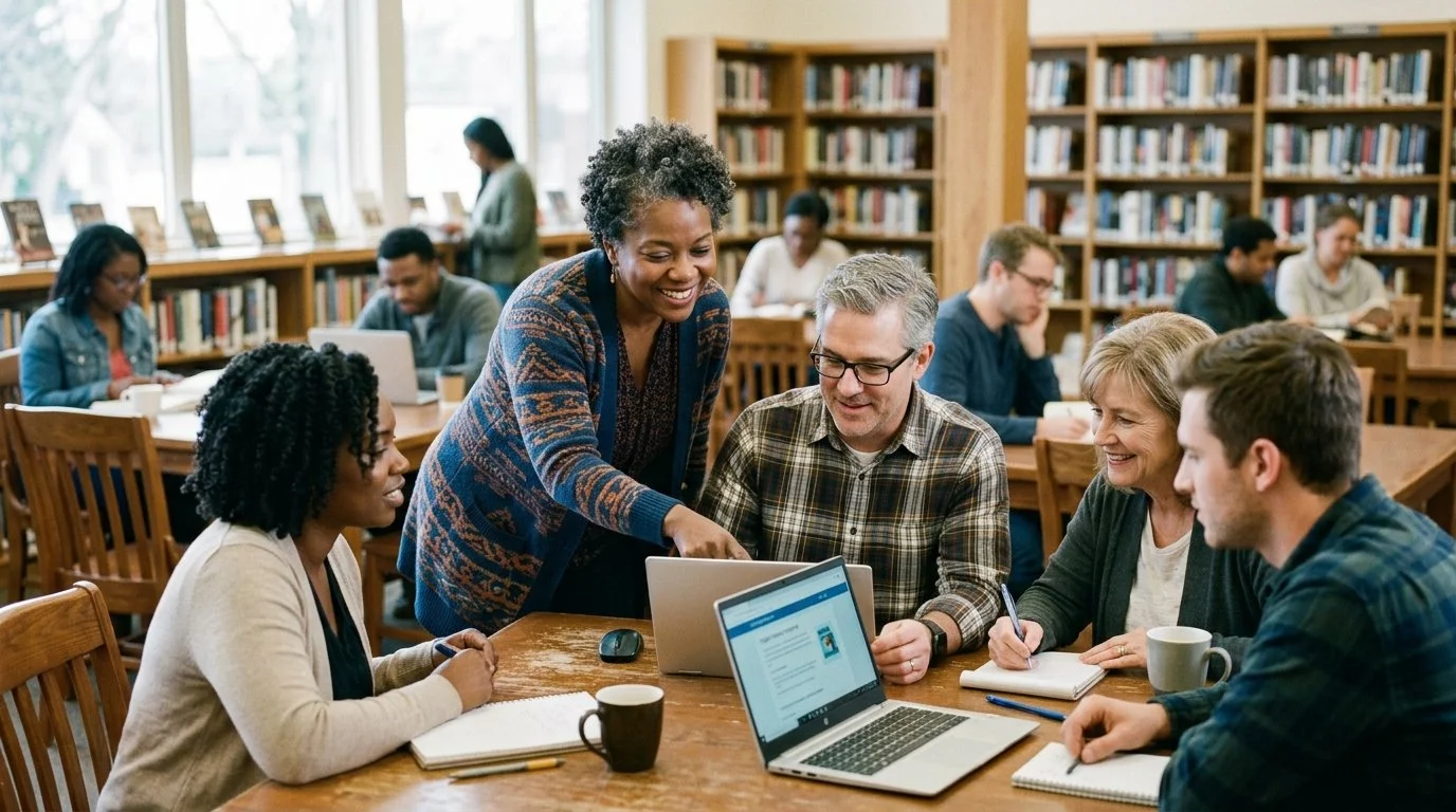 Group of five people having a discussion around a table with laptops and notebooks in a library.