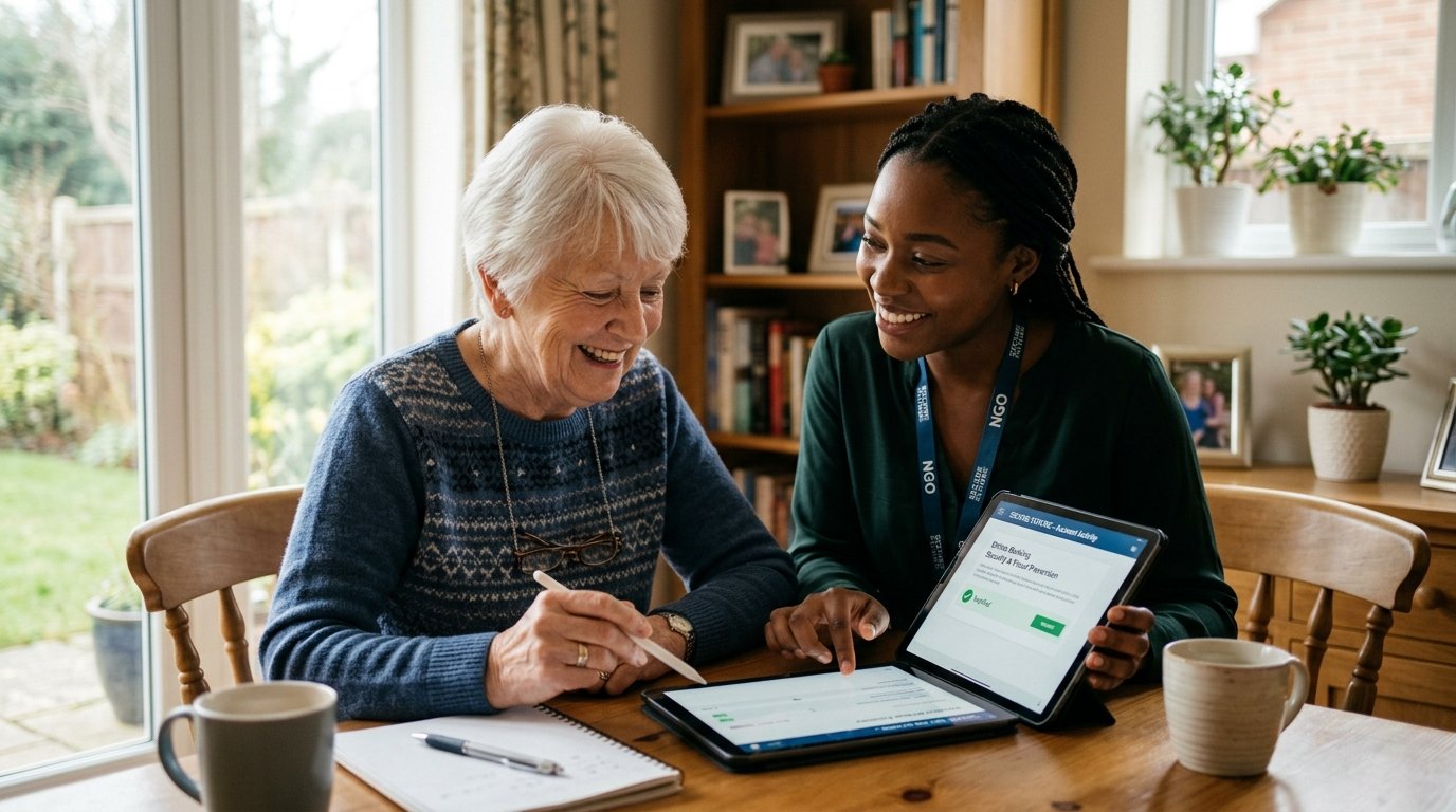 An elderly woman and a young woman are sitting at a dining table with coffee mugs, looking at a tablet computer and smiling.