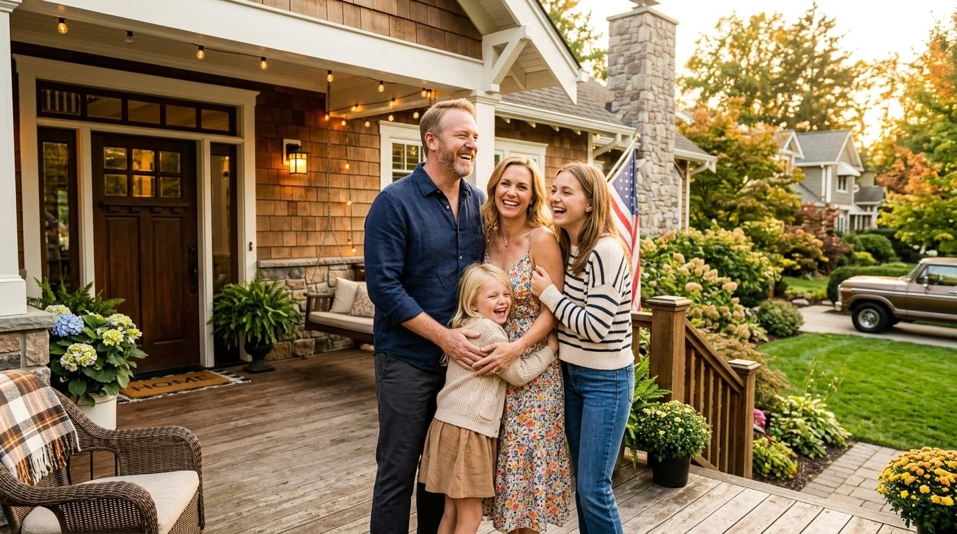 A happy family of four standing on their front porch during autumn, smiling and laughing together. The family includes a man, woman, and two young girls, all embracing and enjoying the moment. The porch is decorated with plants and string lights, with a well-maintained yard and neighborhood visible in the background.