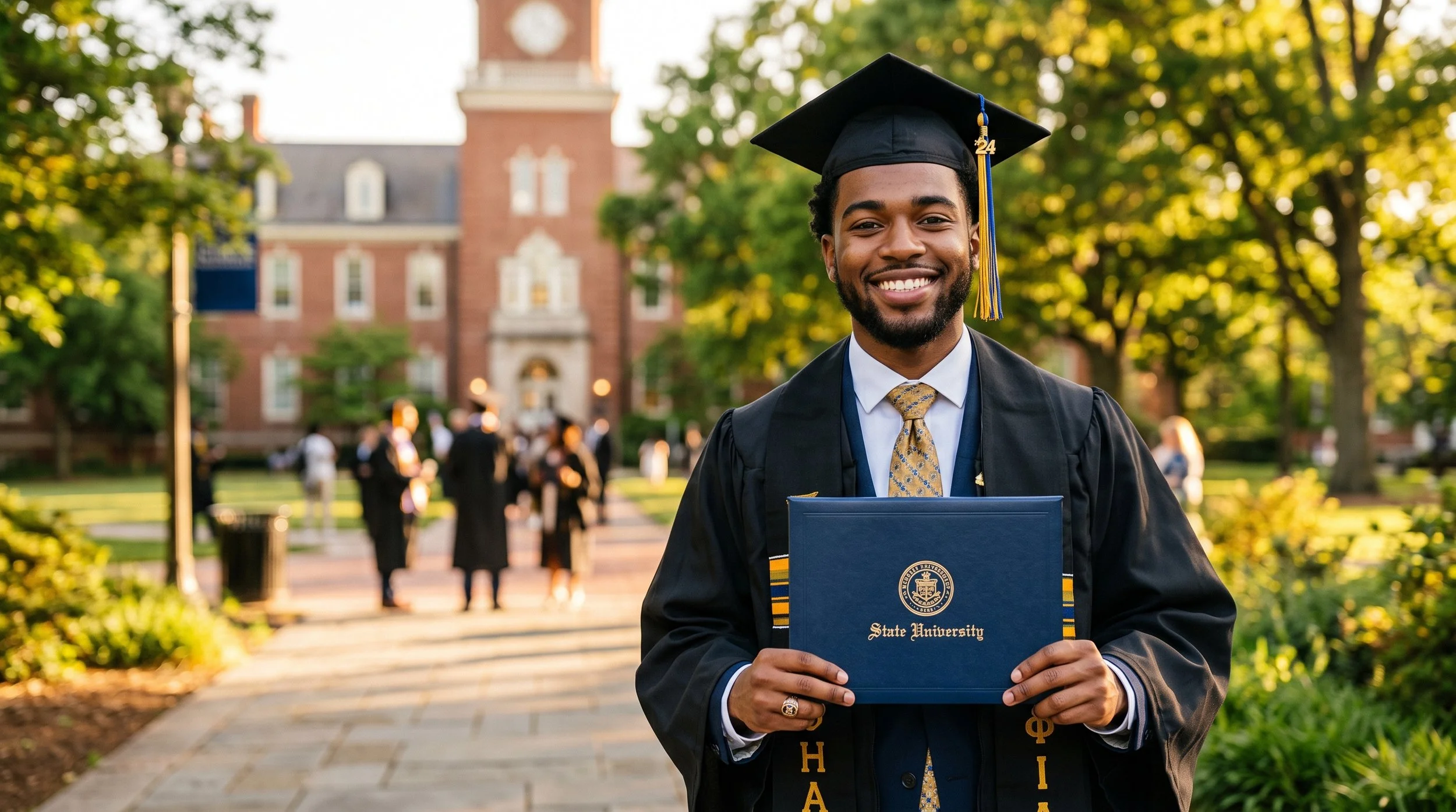 A young man in a graduation cap and gown holding a diploma on a college campus, with other graduates and a brick building in the background.