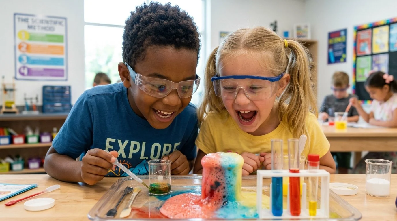 Two children, a boy and a girl, wearing safety goggles and smiling, conduct a science experiment with colorful foamy substance bubbling over a tray in a classroom.