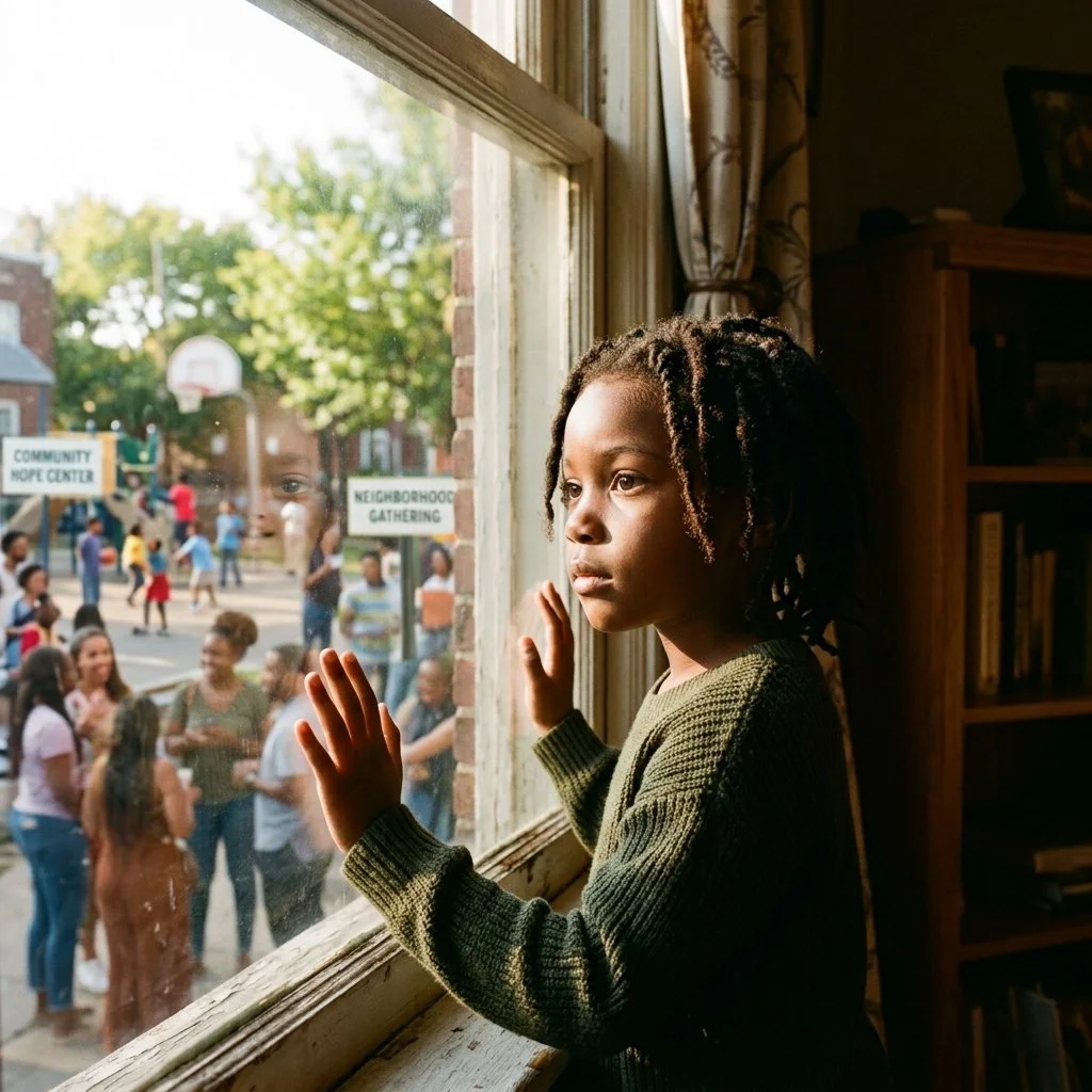 A young girl looks out a window during a community gathering outside, with children and adults socializing near basketball courts and signs reading man community outreach and neighborhood gathering.