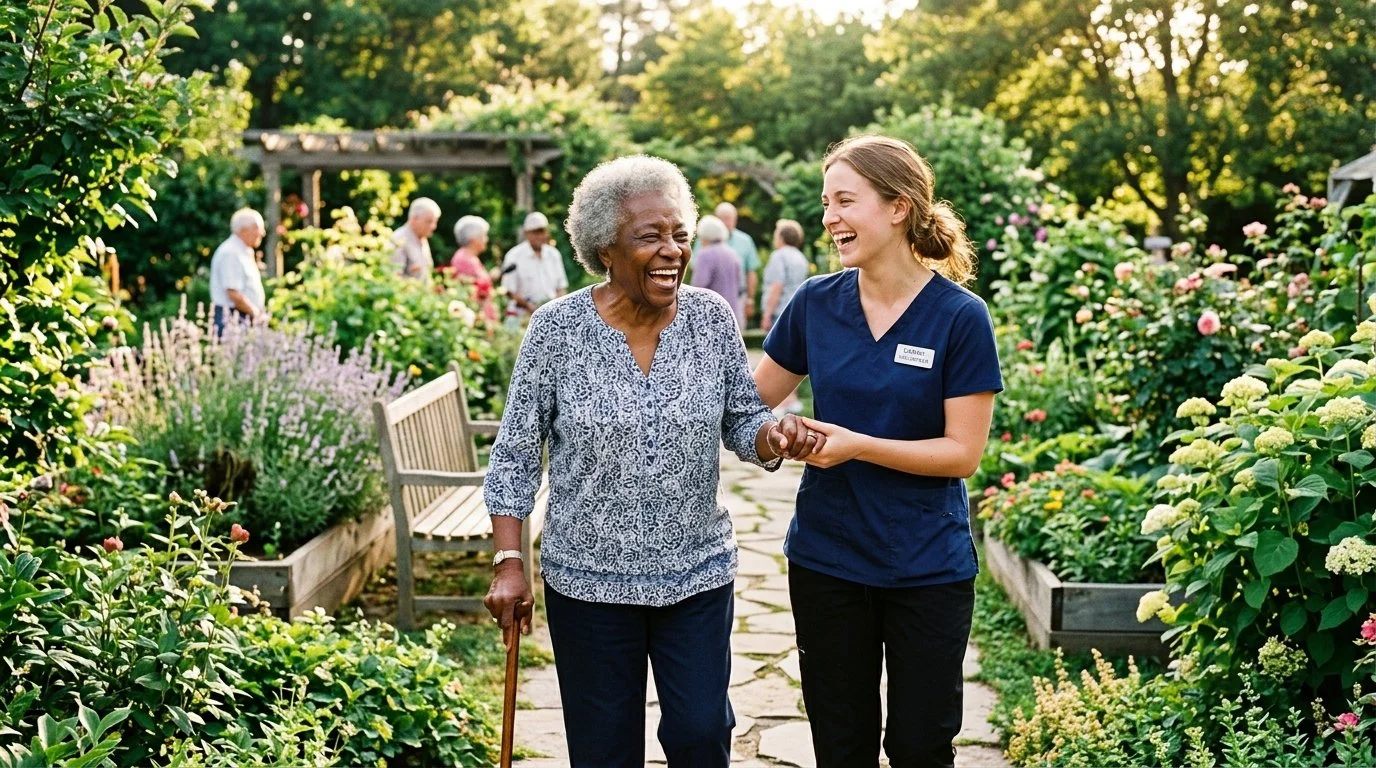 A senior woman with a cane and a caregiver laughing together in a lush garden with blooming flowers.