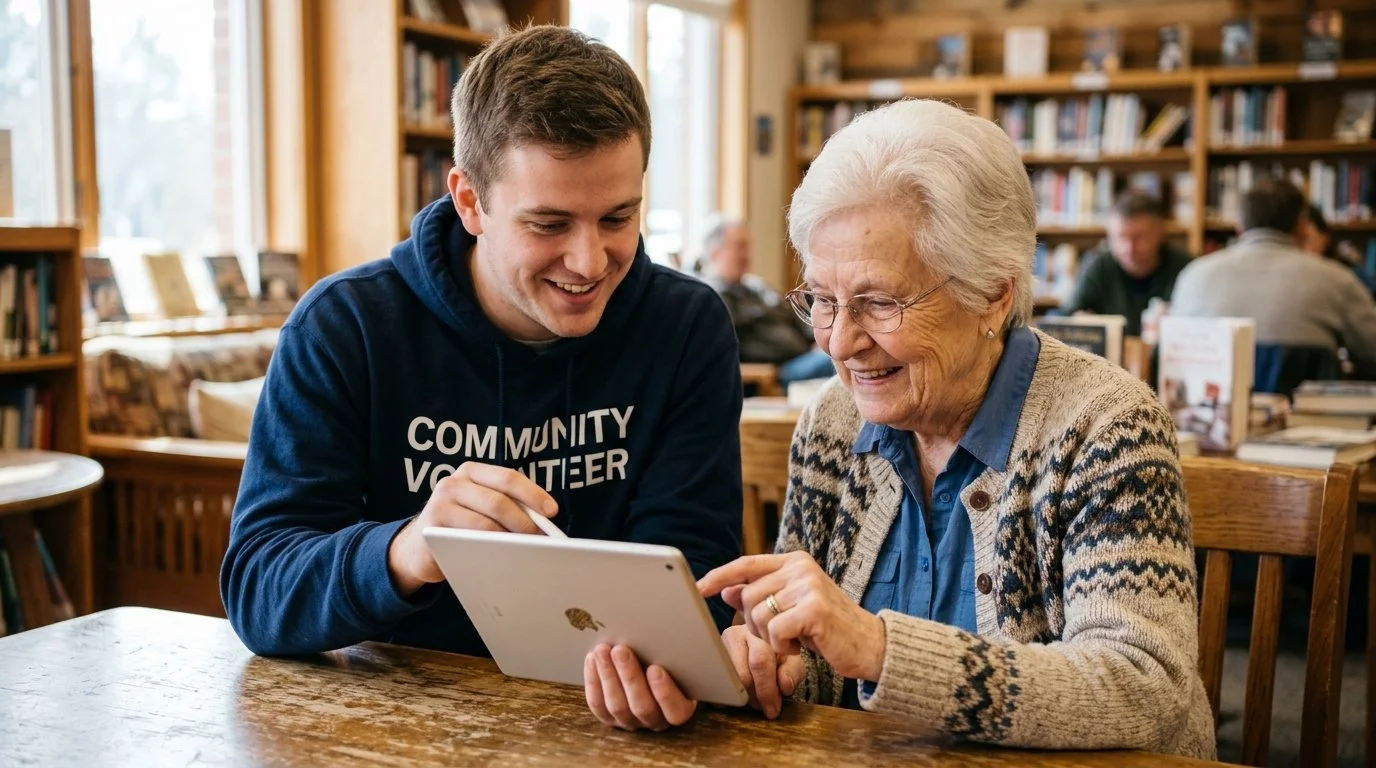 A young man and an elderly woman sitting at a wooden table in a bookstore or library, looking at a tablet together and smiling.
