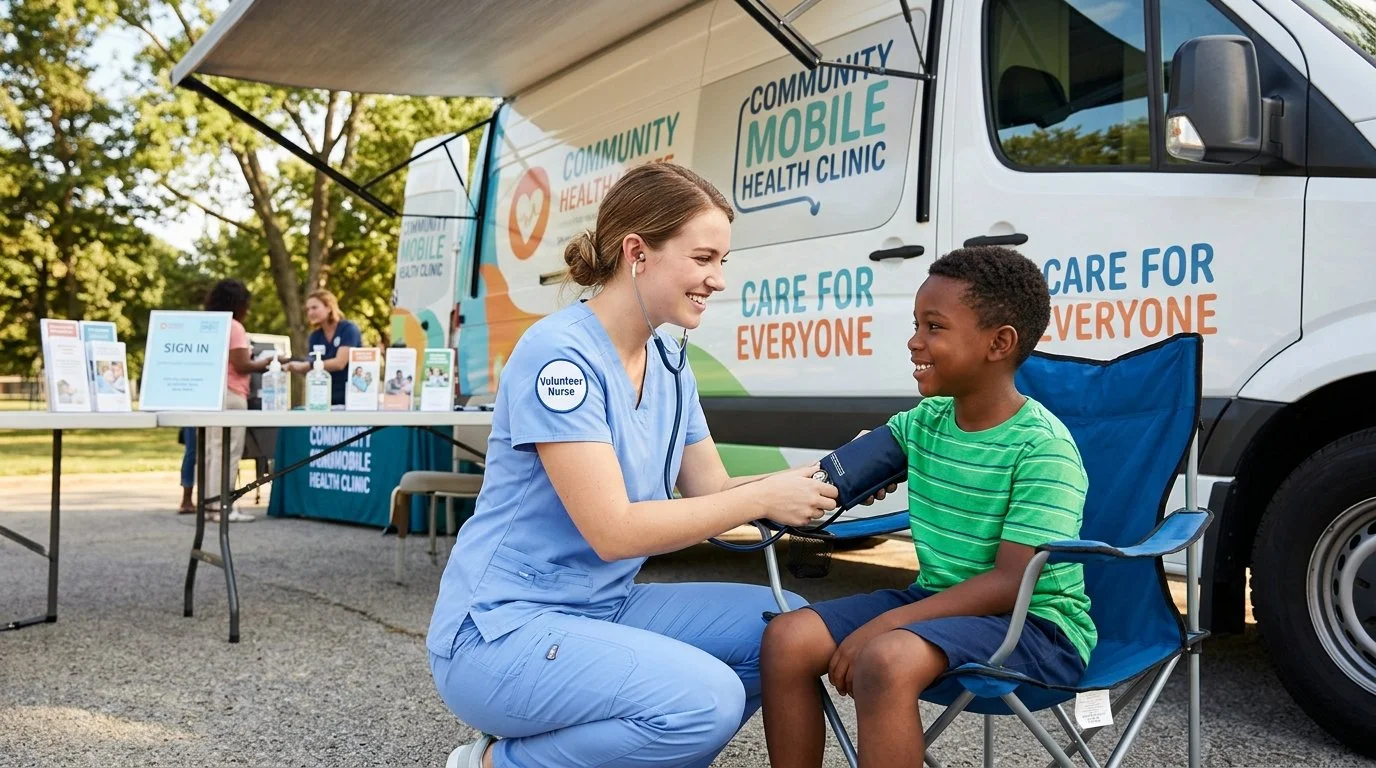 A nurse measuring a young boy's blood pressure at a mobile health clinic.