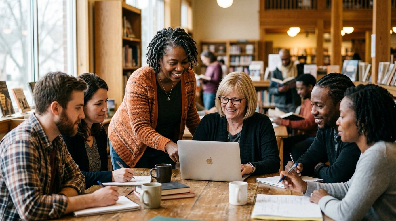 A diverse group of six adults gathered around a wooden table in a bookstore or library, engaging in a discussion. They are smiling and looking at a laptop, with notebooks and coffee mugs on the table.