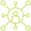 A graphic icon of a person's silhouette connected to multiple nodes outlining a network or system.