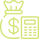 Outline of a money bag with a dollar sign and a calculator next to it.