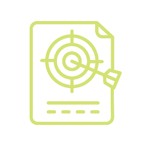 Green outline icon of a document with a target symbol and a dart hitting the bullseye, representing goal setting or targeting.