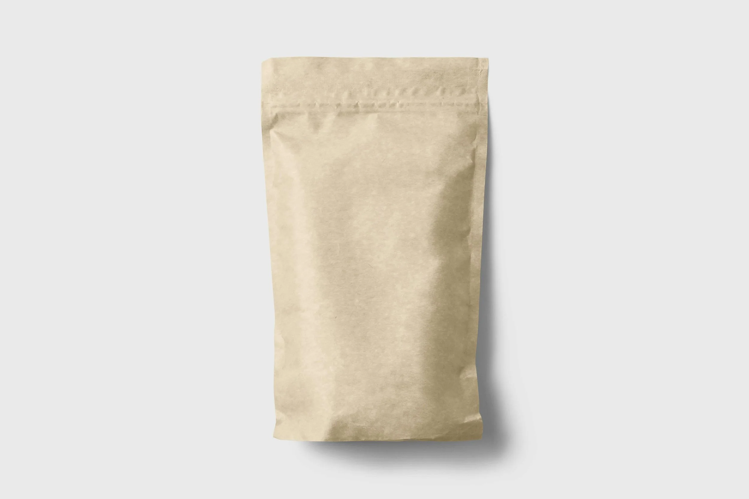 Blank beige paper bag standing upright against a light gray background.