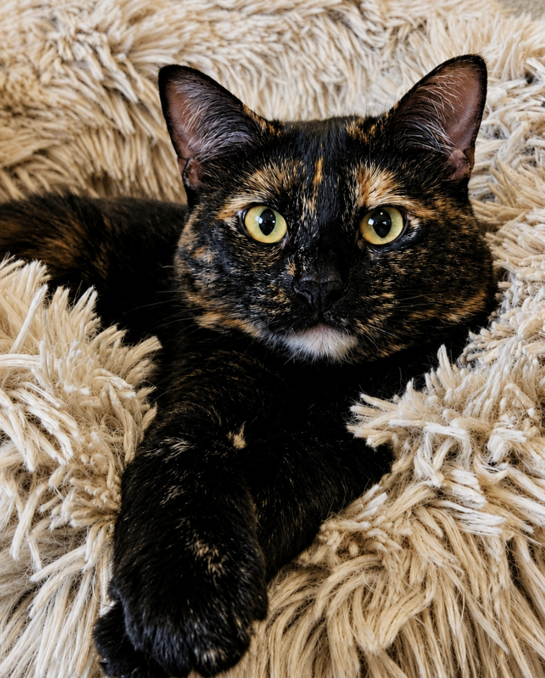 A black and orange tortoiseshell cat with green eyes lying on a fluffy beige blanket.