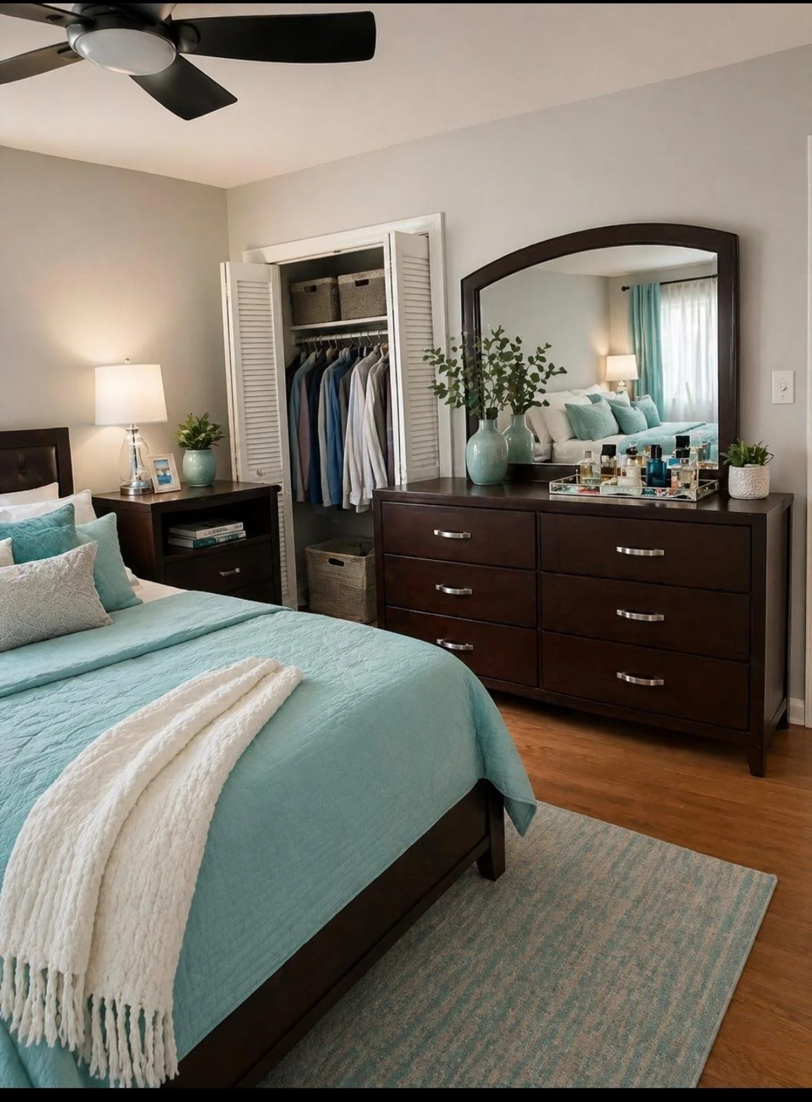 A bedroom with a bed, nightstand, dresser, and mirror. The bed has a light blue comforter and decorative pillows. The dresser has vases with greenery and perfume bottles. An open closet with hanging clothes is visible.