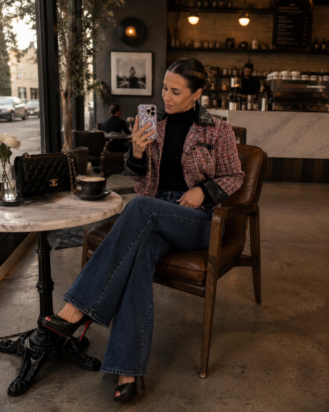 A woman sitting at a cafe table taking a selfie with her phone, wearing a plaid jacket and wide-leg jeans, with a black handbag and a cup of coffee on the table.