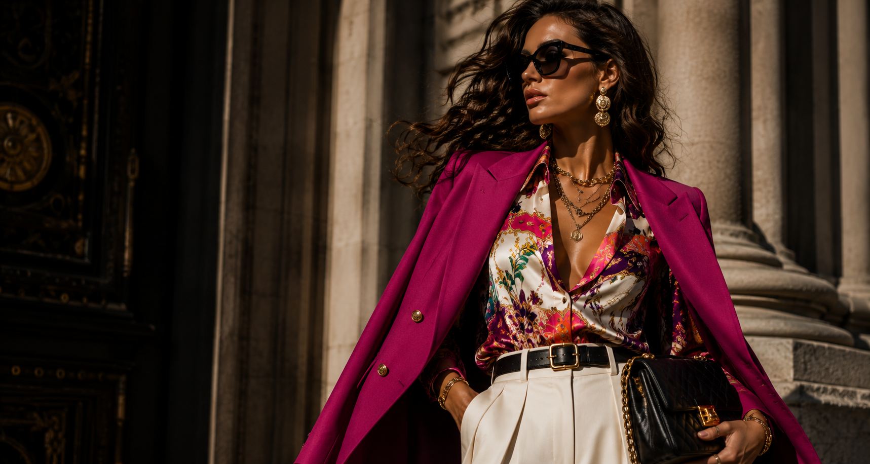 Fashionably dressed woman wearing a vibrant pink blazer, floral blouse, white high-waisted trousers, and accessorized with gold jewelry, sunglasses, and holding a black handbag, standing outdoors near a historic building with stone columns and ornate doors.