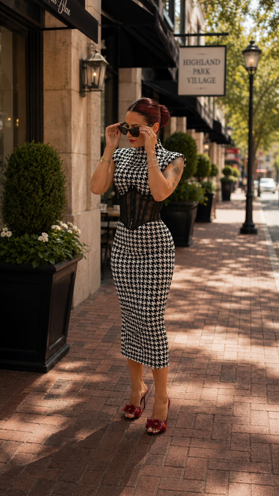A woman in a houndstooth dress with a black corset adjusts her sunglasses on a city sidewalk with potted plants, a streetlamp, and a sign that reads "Highland Park Village"; she has red hair, tattoos, and wears high heels with red floral accents.