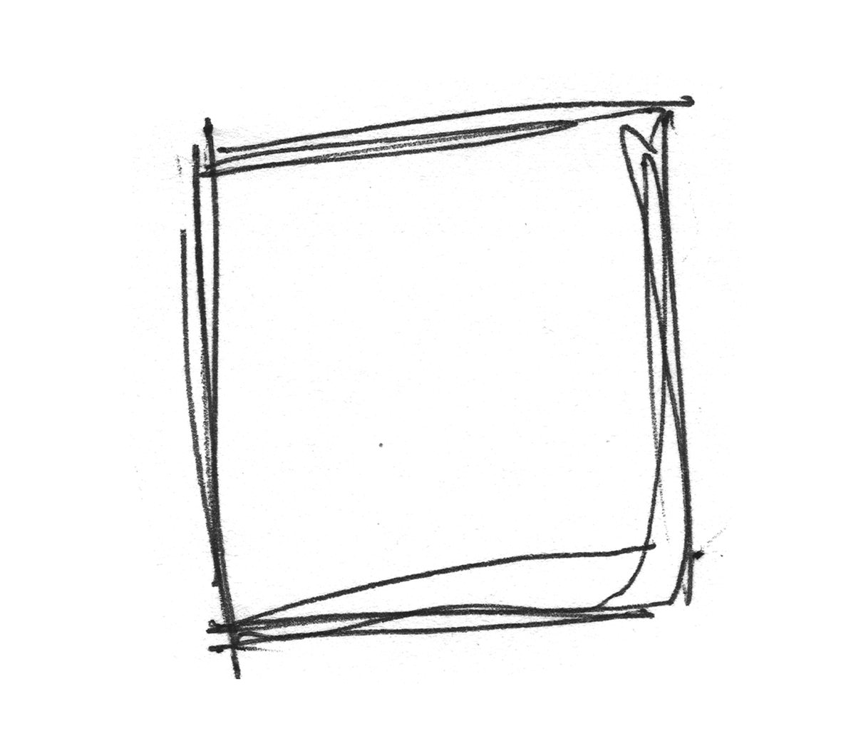 Black chalk drawing of a cube on a black background.